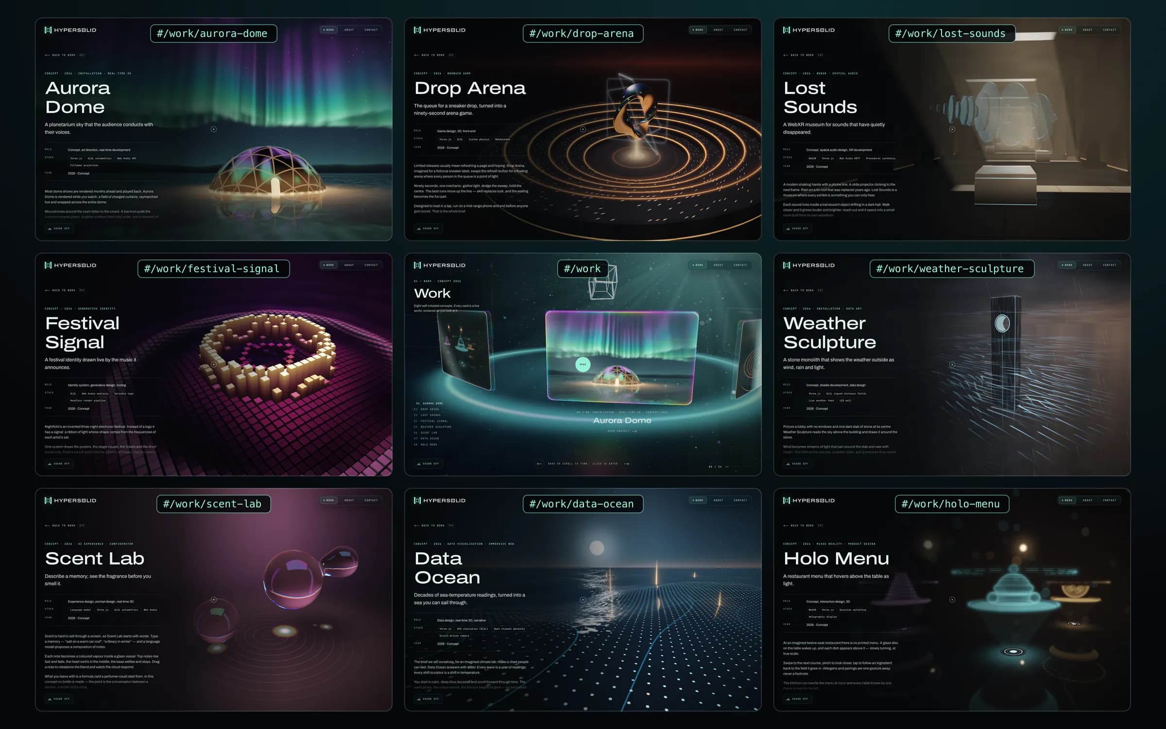 The work gallery in the centre, glass cards on a glowing ring with the Aurora Dome card in front, surrounded by the eight project pages labelled with their addresses: Aurora Dome, Drop Arena, Lost Sounds, Festival Signal, Weather Sculpture, Scent Lab, Data Ocean and Holo Menu, each a different shader world behind its title and text.