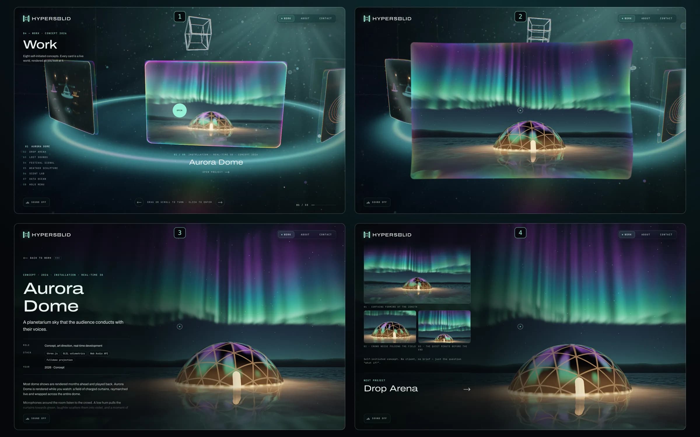 The key path in four numbered frames: the gallery with the Aurora Dome card in front, the card stretching towards the viewer during the shader transition, the Aurora Dome project full screen with its title, idea, role and stack, and further down the three stills captured from the world with a link to the next project, Drop Arena.