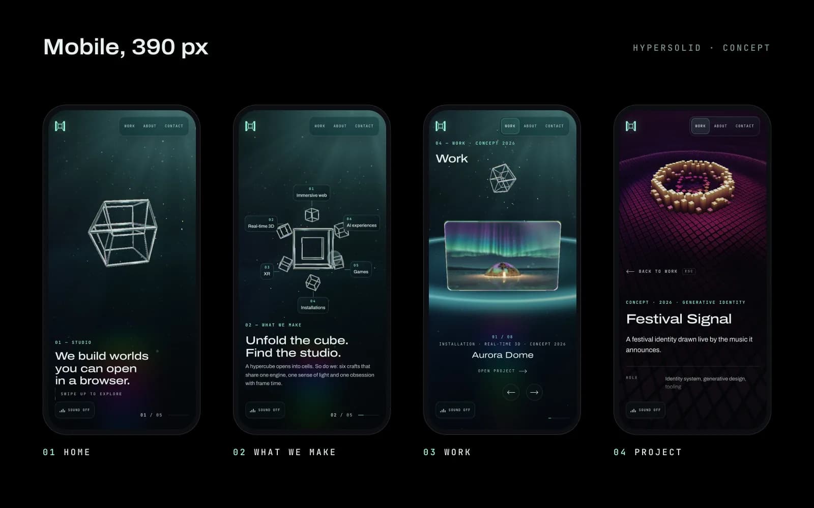 Four phone screens at 390 px on black: the home page with the tesseract, the capability chapter, the work gallery with the Aurora Dome card and the Festival Signal project.