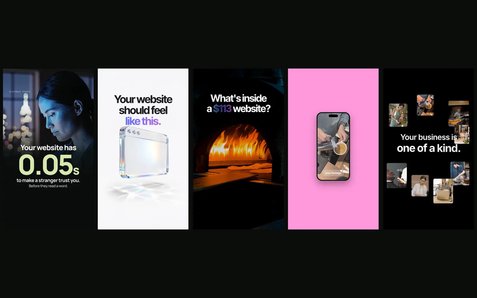 काले बैकग्राउंड पर पाँच Reels के कवर साथ-साथ: “Your website has 0.05s” के ऊपर स्क्रीन की रोशनी में AI से बनी एक महिला, “Your website should feel like this.” के नीचे AI से बनी काँच की ब्राउज़र विंडो, “What’s inside a $113 website?” के नीचे लकड़ी वाला ओवन, गुलाबी पृष्ठभूमि पर कॉफ़ी की कच्ची क्लिप चलाता फ़ोन, और “Your business is one of a kind.” के चारों ओर स्टॉक फ़ुटेज से छोटे कारोबारी