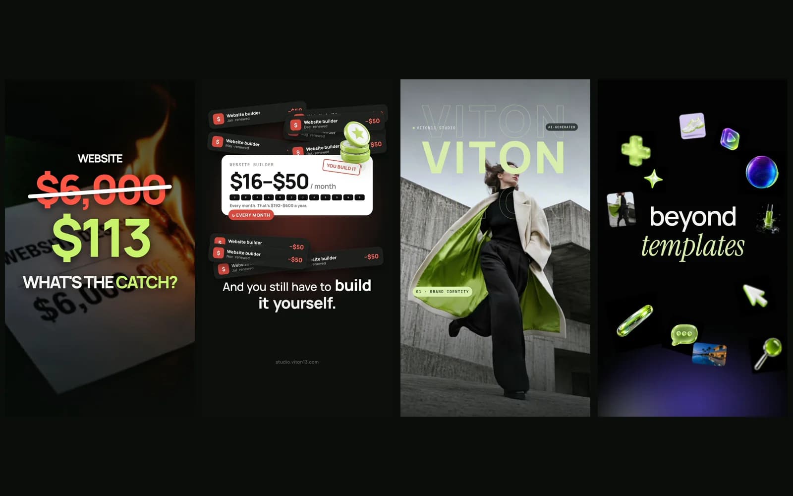 Covers of the four Reels side by side: “$6,000” crossed out above “$113 — what’s the catch?” over a burning invoice, website-builder charges of $16–$50 a month, an AI-generated model in a green-lined coat under the word VITON, and glossy 3D icons around the words “beyond templates”