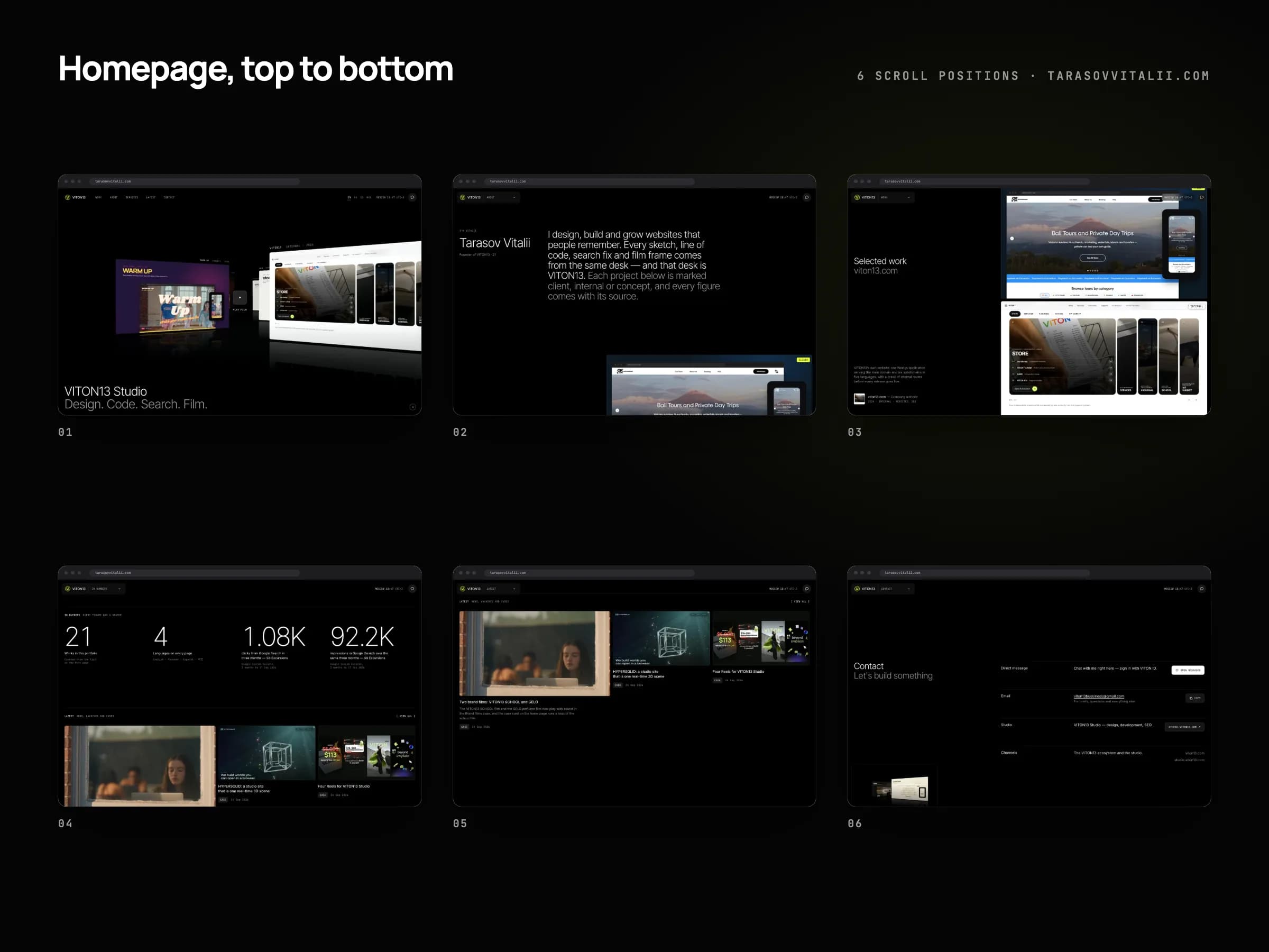 Six frames of the tarasovvitalii.com home page from top to bottom: the showreel, the introduction next to the name Tarasov Vitalii, selected work with a sticky caption, the figures 21, 4, 1.08K and 92.2K, the latest news cards and the contact block.