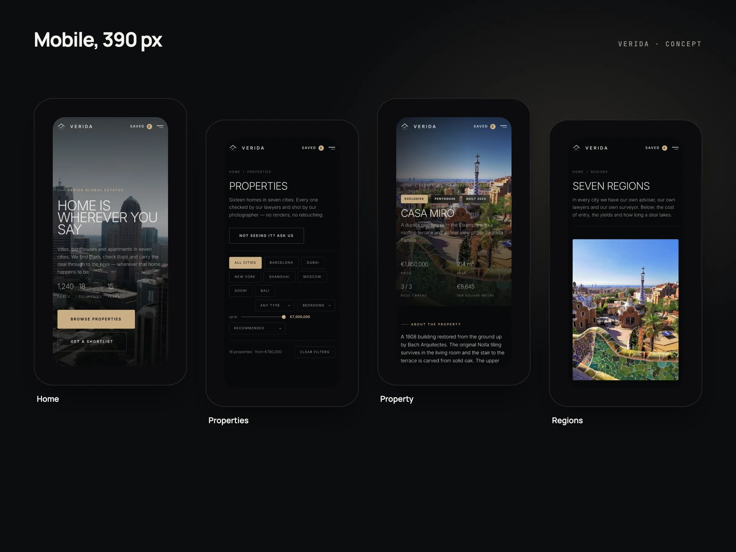 Four phone screens at 390 px on a dark background: the home page with the video hero, the catalogue with city filters, a property page with key figures and the regions page with a photo of Barcelona.