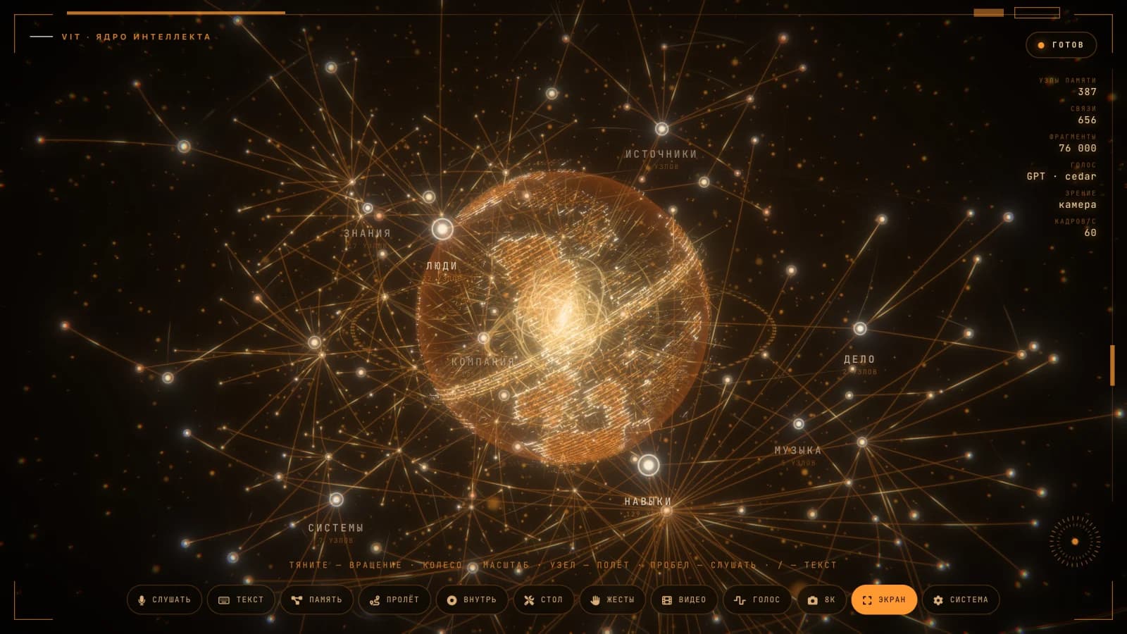 Amber holographic planet with a memory graph of glowing nodes and links unfolded around it: the VIT Intercore interface
