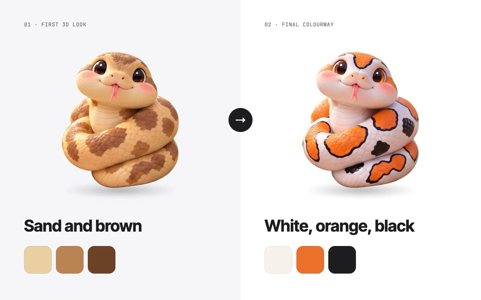 Dos imágenes una junto a otra: el primer aspecto en arena y marrón y la paleta final en blanco, naranja y negro, cada una con tres muestras de color