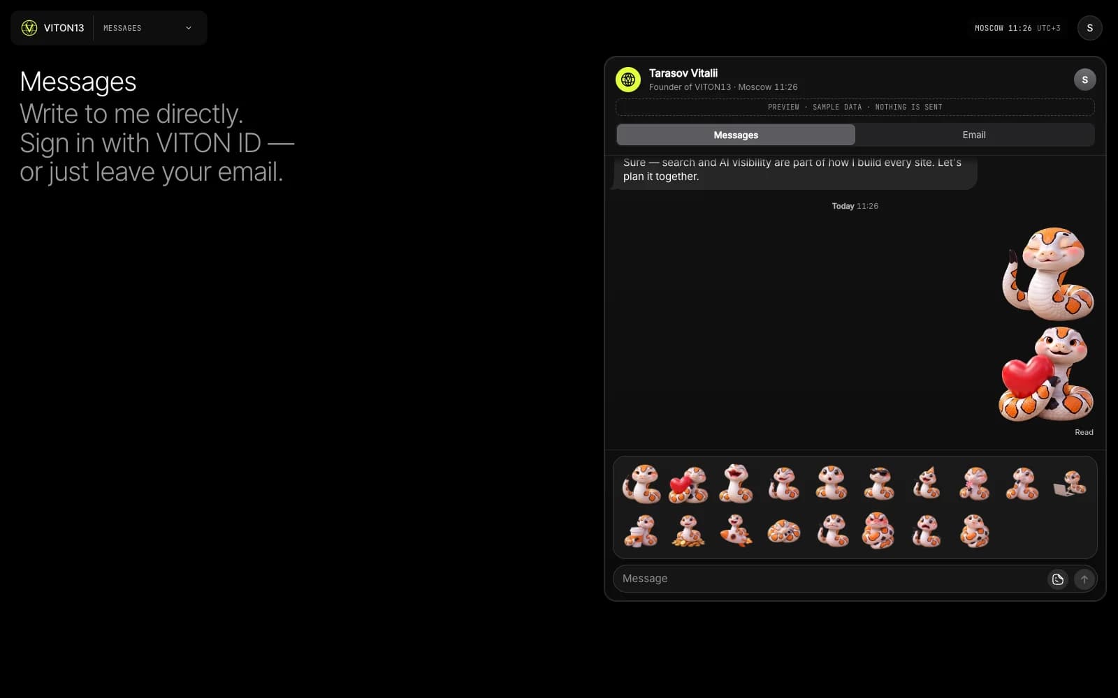 La página de mensajes de tarasovvitalii.com con el chat abierto: un panel con dieciocho stickers de VITO, dos stickers en el hilo y el aviso «Preview · Sample data · Nothing is sent»