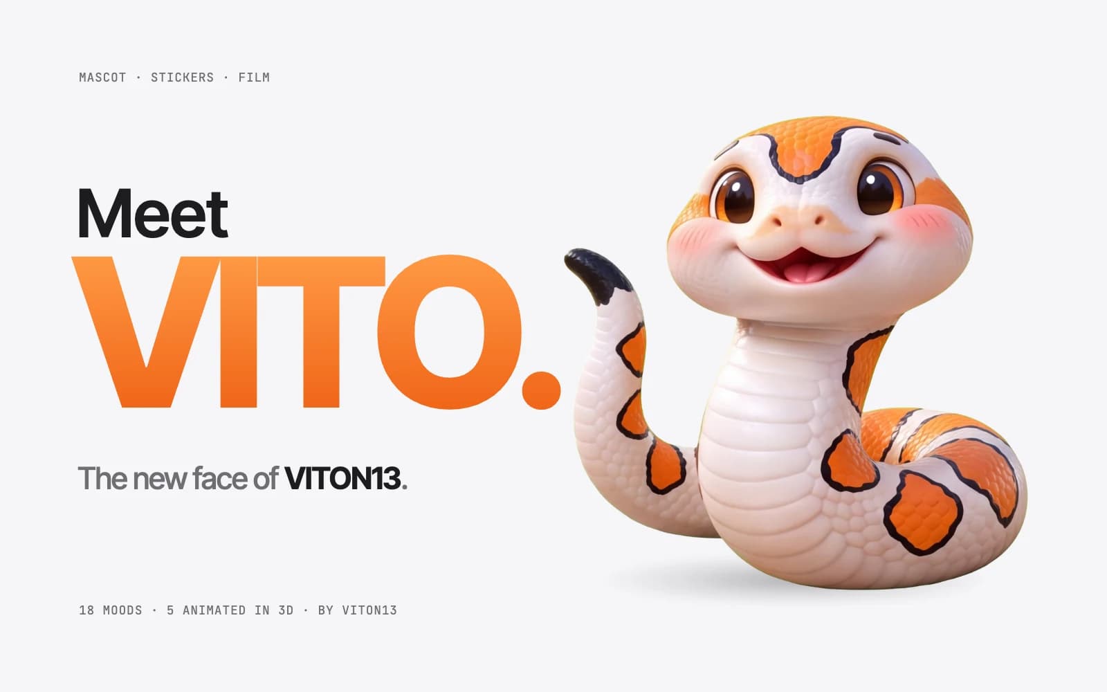 VITO, una cría de serpiente blanca, naranja y negra, saluda con la cola junto al texto «Meet VITO. The new face of VITON13.»