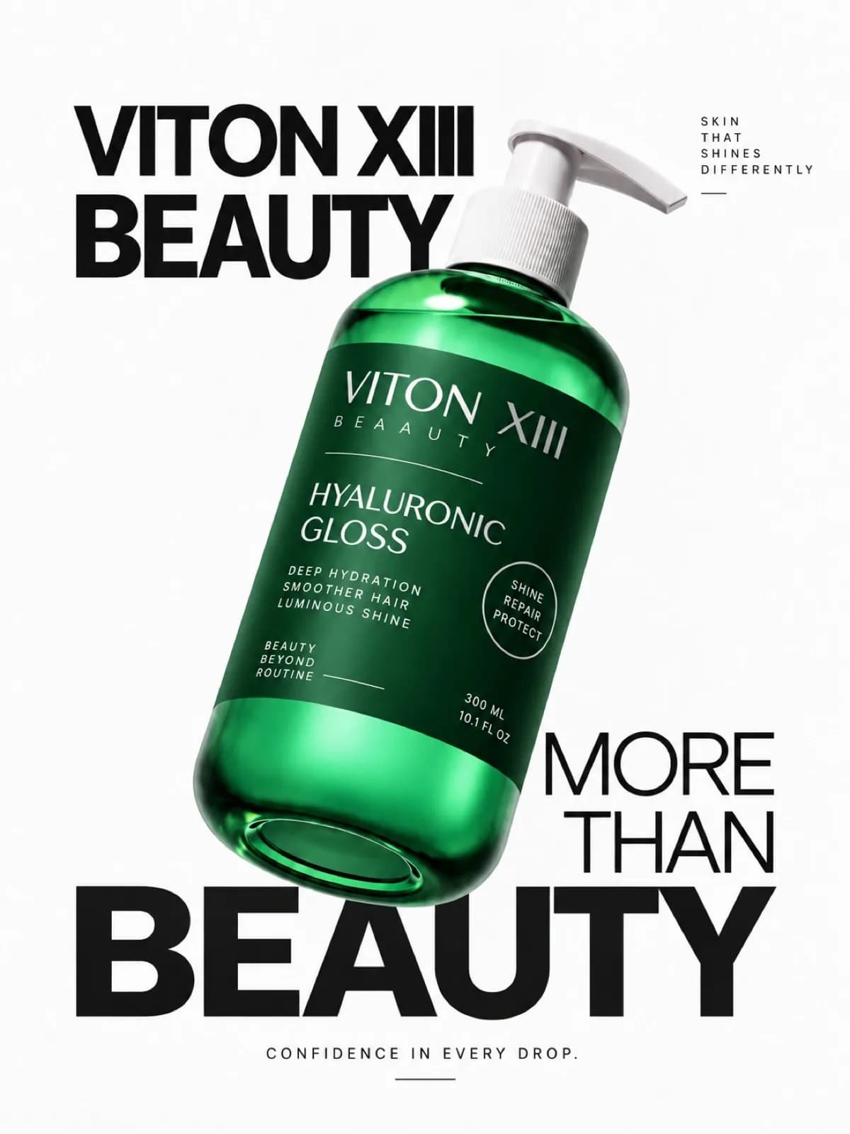 AI-generated poster: a green VITON XIII BEAUTY Hyaluronic Gloss bottle with a white pump tilted across the page, with VITON XIII BEAUTY at the top and More than beauty at the bottom