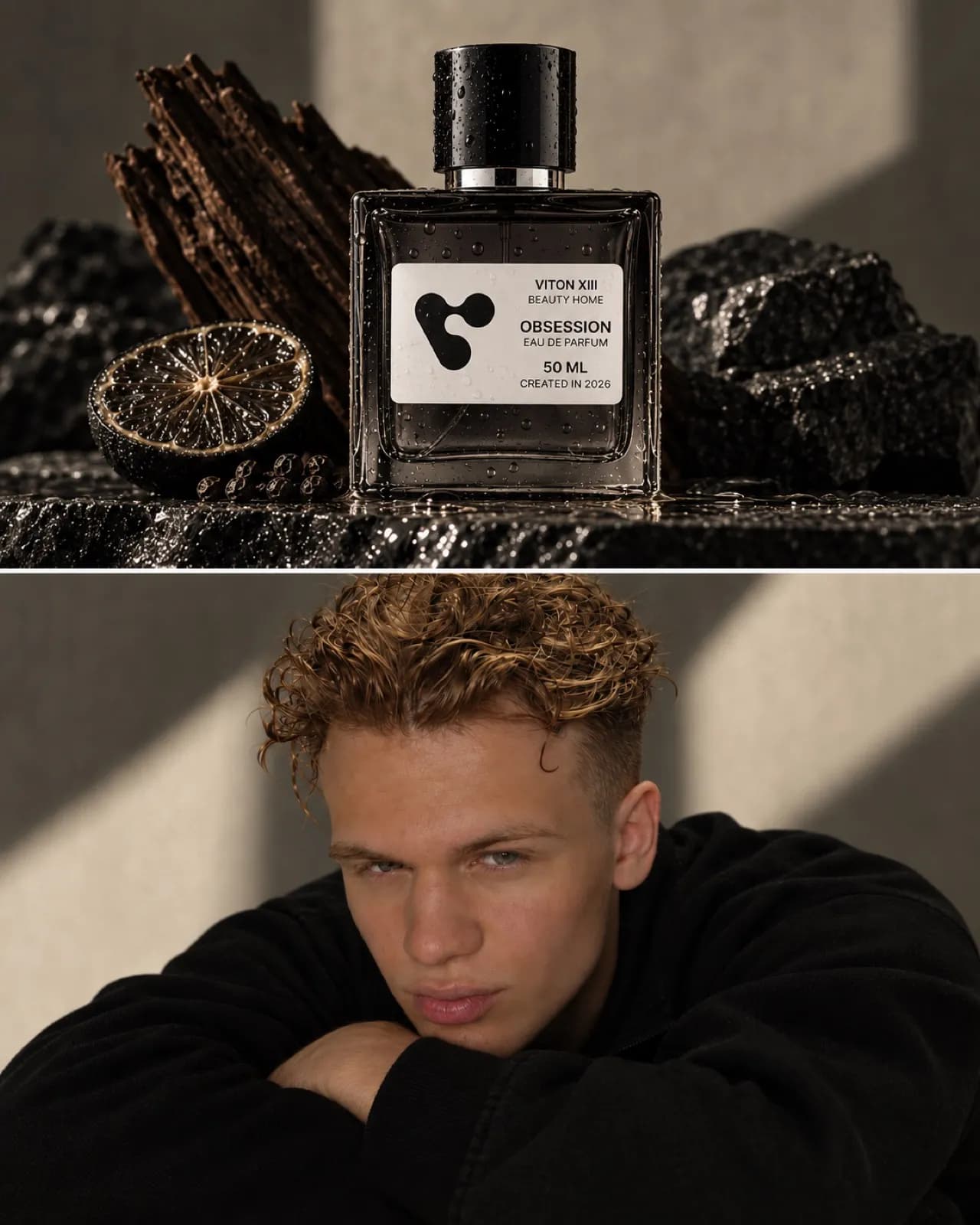 AI-generated visual in two frames: the VITON XIII OBSESSION eau de parfum bottle on wet dark stone with charred wood and a dried citrus slice, above a portrait of a young man with curly hair resting his chin on his arms