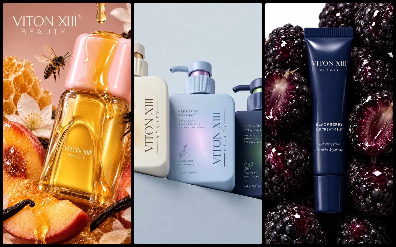 Three AI-generated VITON XIII BEAUTY key visuals side by side on black: a fragrance bottle in honey with peaches and a bee, three care bottles in pastel colours, and a navy lip-treatment tube among blackberries