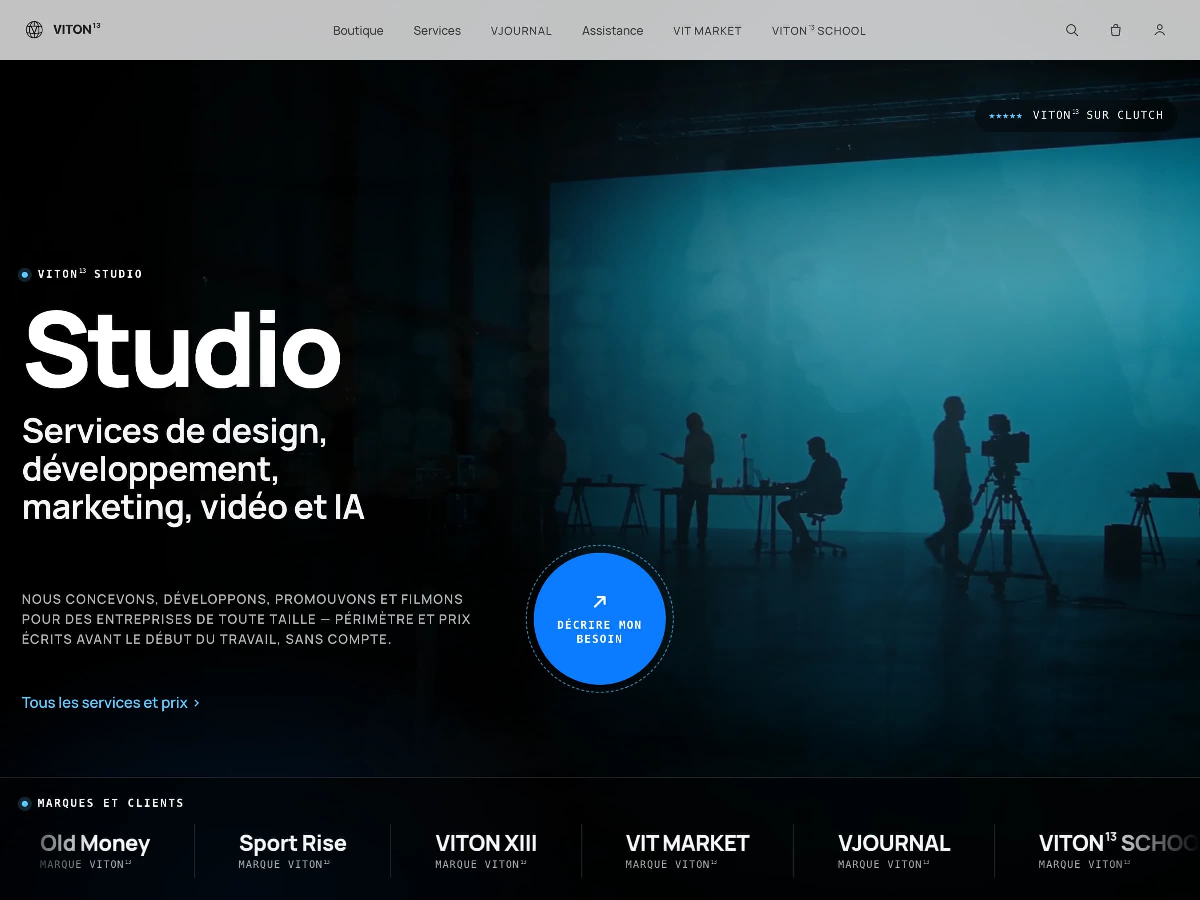 The studio in French at studio.viton13.com/fr: a dark film still of a set with a camera on a tripod, the heading Studio, a line naming design, development, marketing, video and AI, and a round request button.