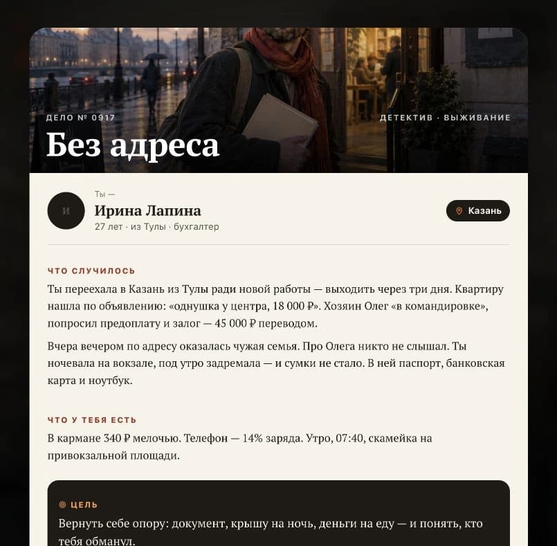 Вводное досье бесплатной истории: обстоятельства героя и цель.