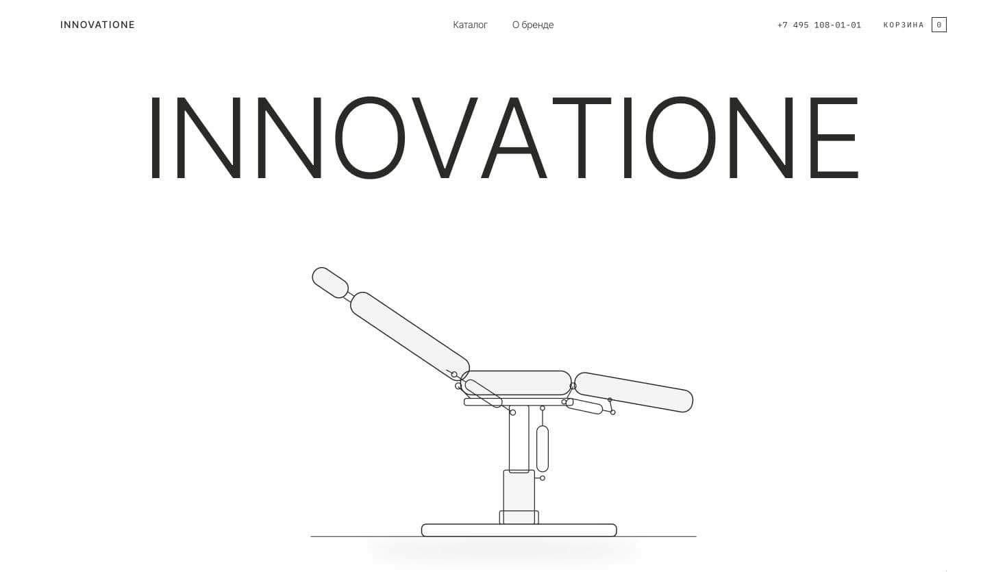 INNOVATIONE concept homepage with large typography and a technical chair drawing