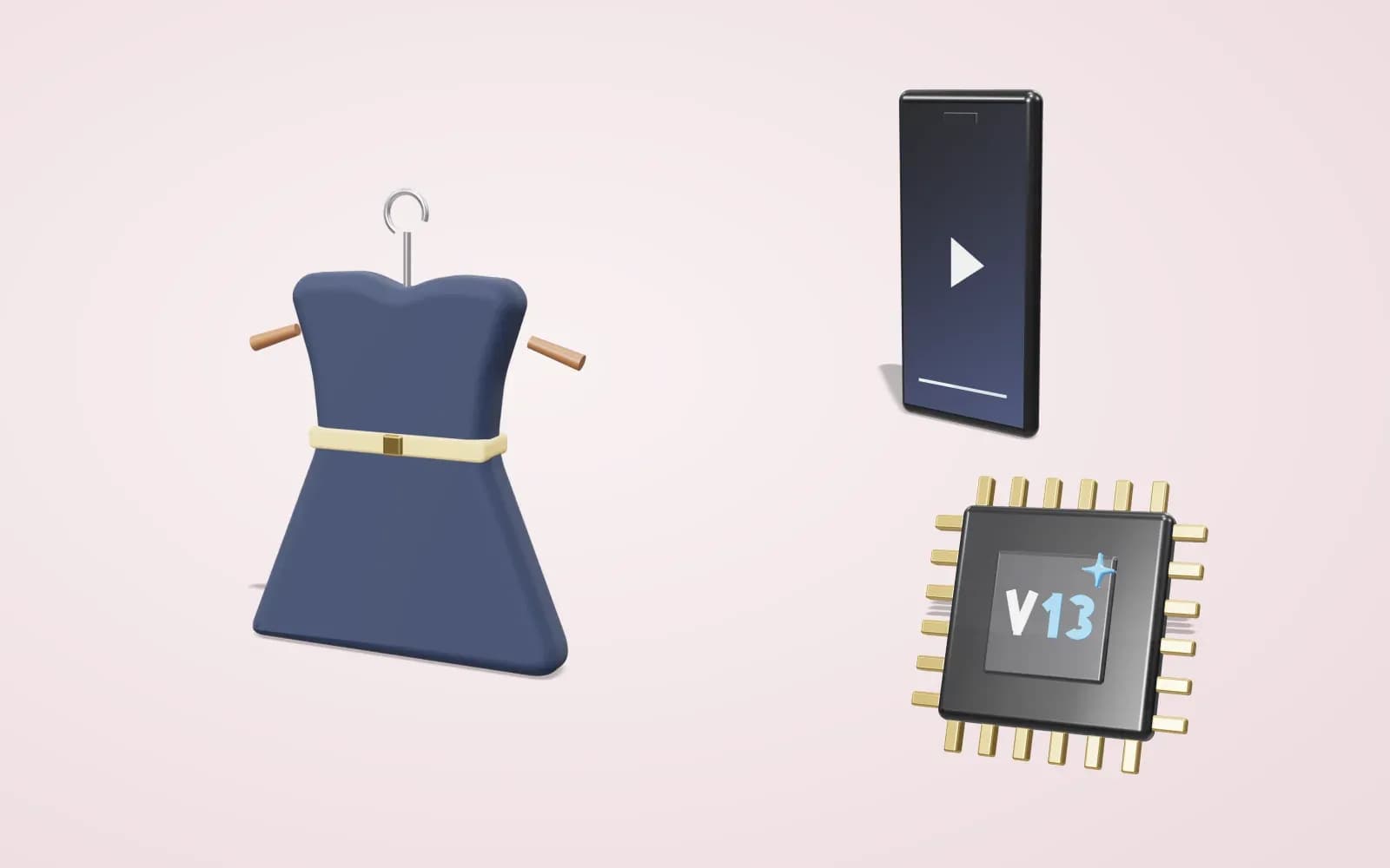 Illustration: a 3D dress on a hanger, a phone and a V13 chip on a light background