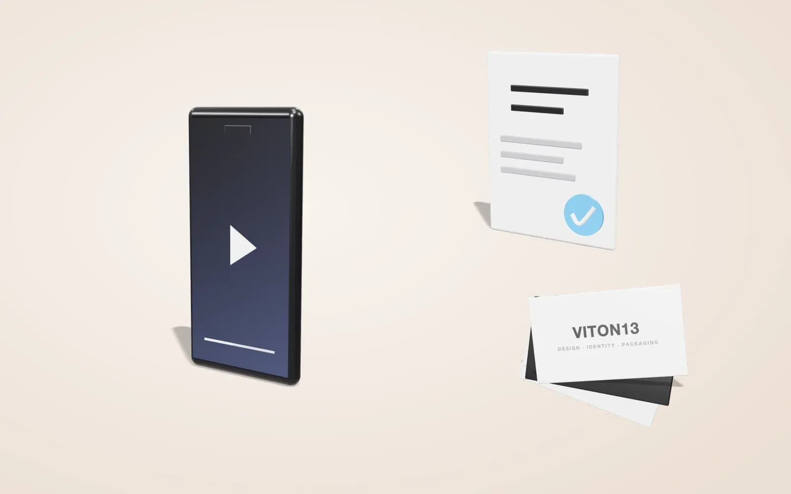 Illustration: a 3D phone with a play button, a document and a stack of cards on a light background