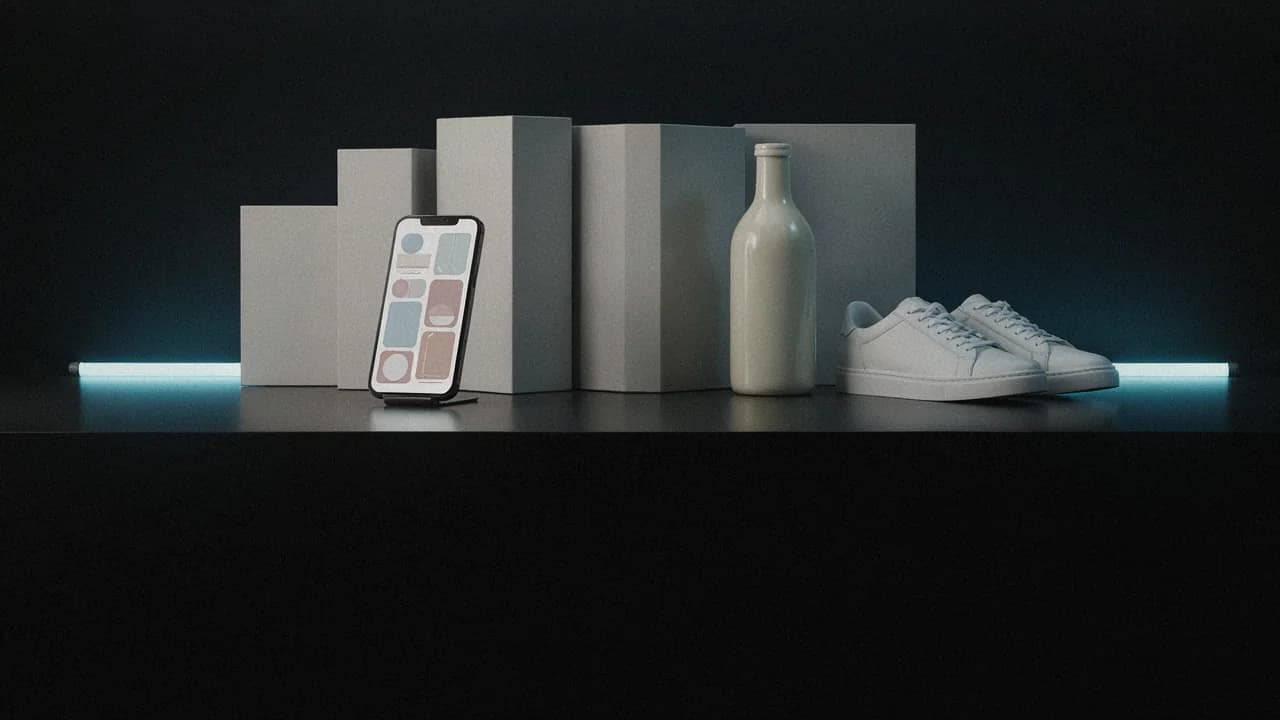 A white VITON13 shopping bag beside a box glowing sky blue inside, on black