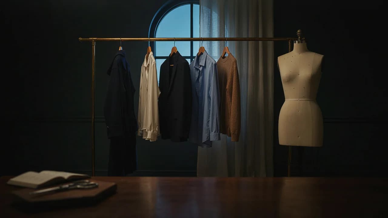 A silver VITON13 clothing rail with a white shirt, a grey jacket and a black coat on black