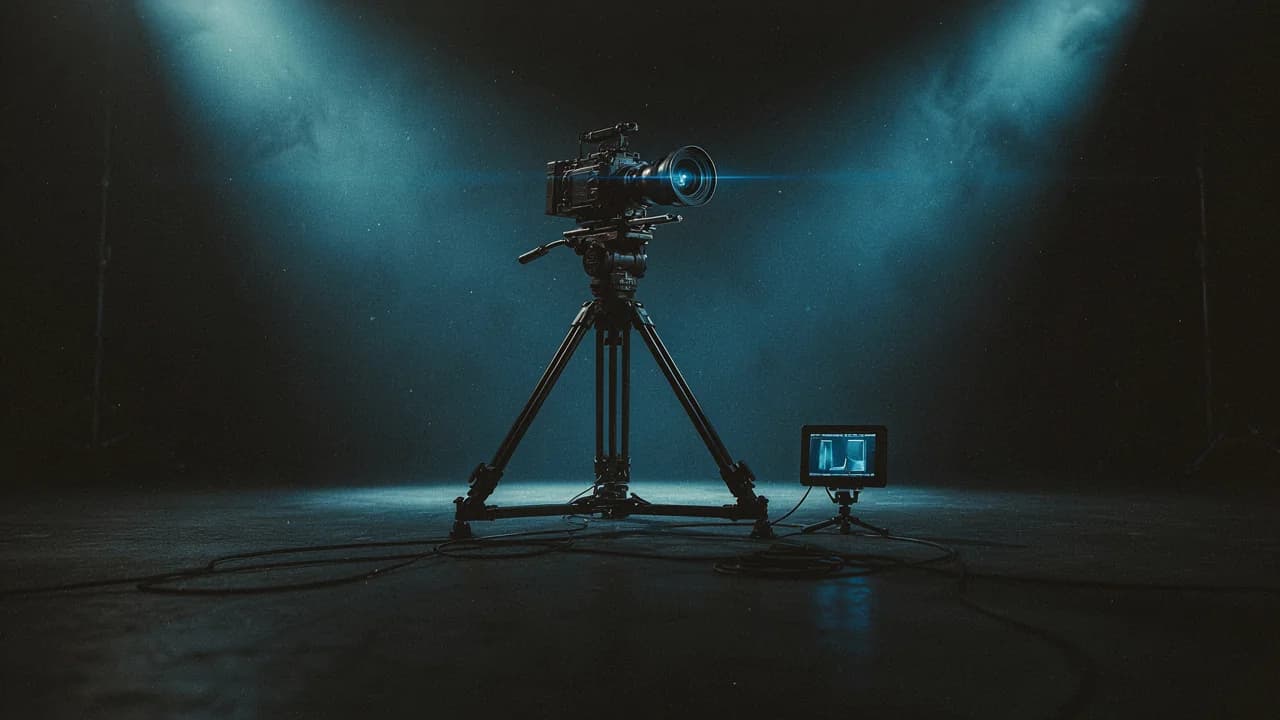 A white VITON13 camera with a sky-blue ring around the lens on a small black tripod