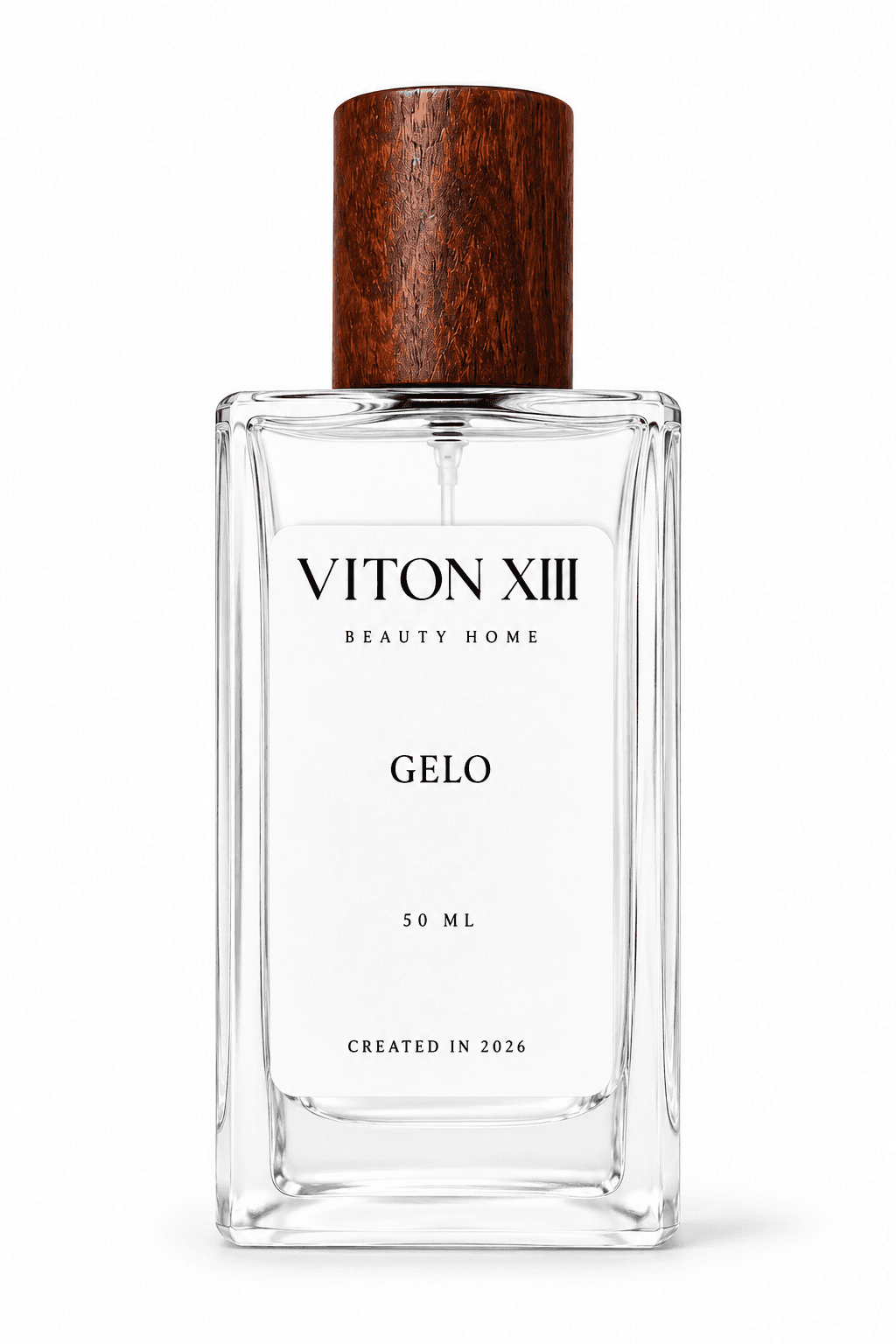 AI-generated product visual of the VITON XIII GELO bottle: clear rectangular glass, a wood-grain cap and a white label reading VITON XIII, BEAUTY HOME, GELO, 50 ML