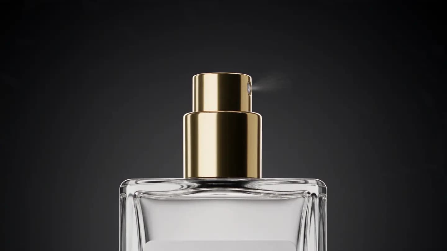 GELO scroll film, frame 85 of 169: a clear glass perfume bottle with a gold spray cap giving off a fine mist against a dark grey background