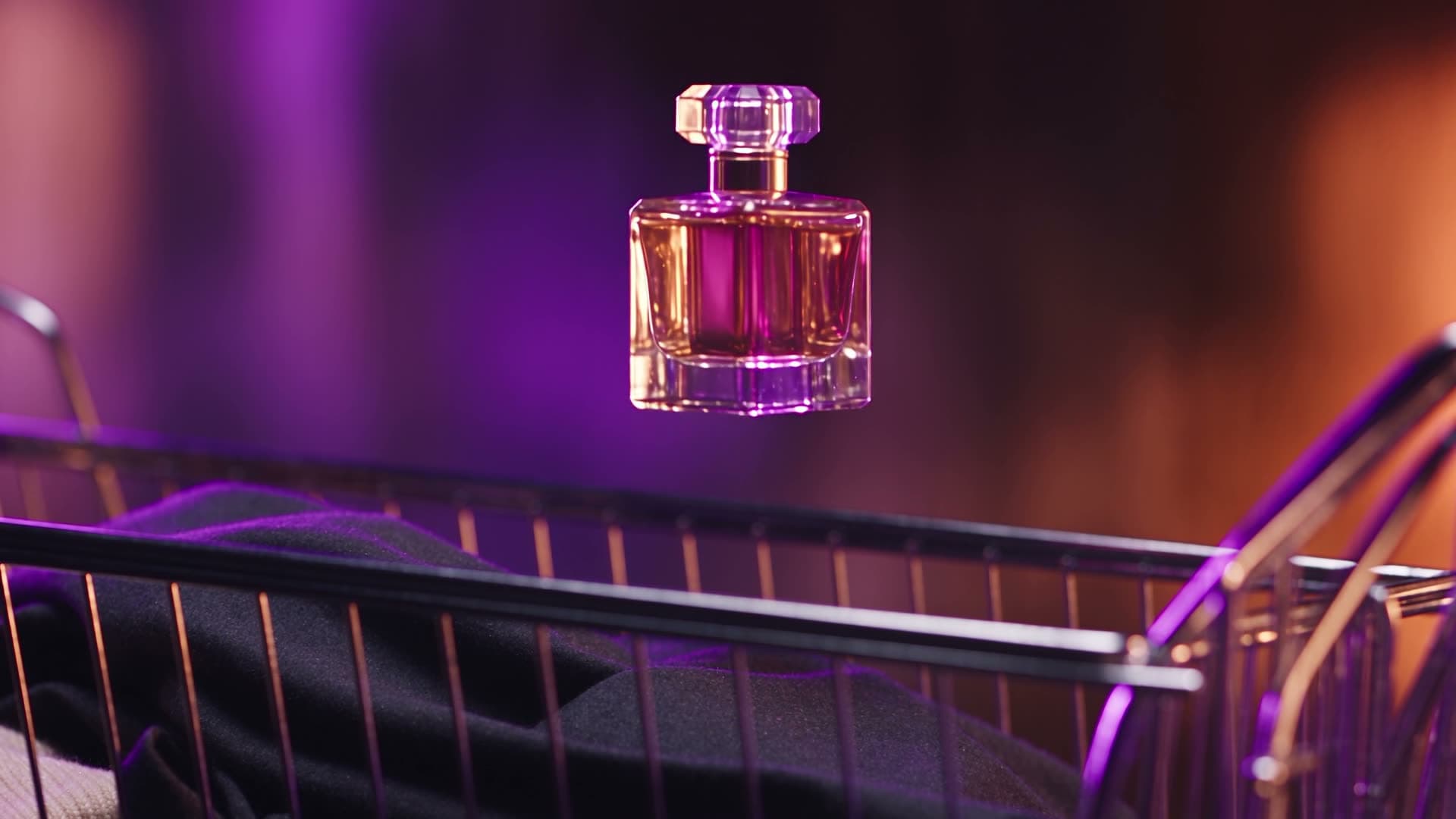 AI-generated still from the store film: a perfume bottle in mid-air above a wire shopping cart of dark clothes, in violet and orange light