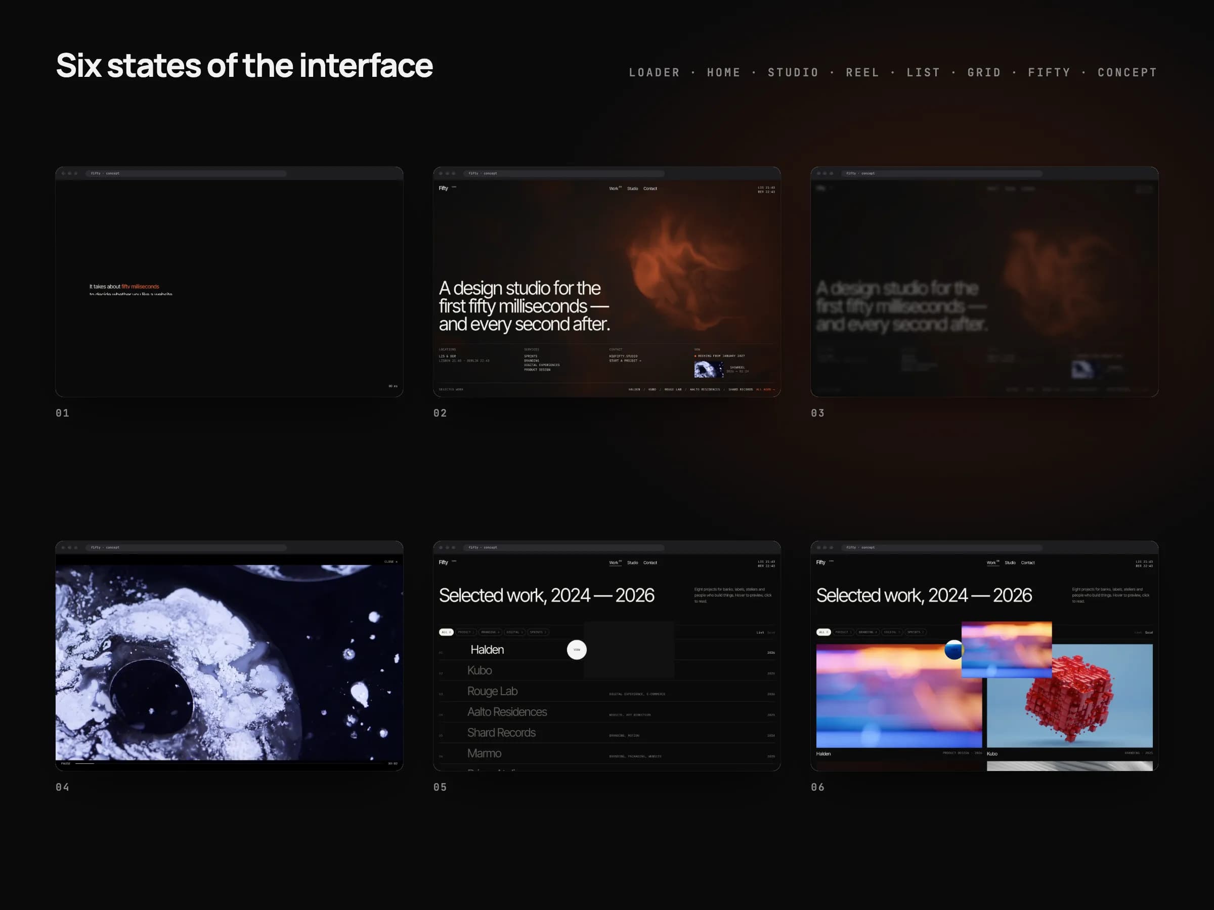Six états de l’interface de FIFTY sur fond presque noir : le préchargeur qui compte jusqu’à 50 ms, l’écran d’accueil sur le fond WebGL couleur braise, le panneau du studio glissé depuis la droite, le lecteur plein écran du showreel, l’index des réalisations en liste avec l’aperçu vidéo qui suit le curseur, et l’index en grille.