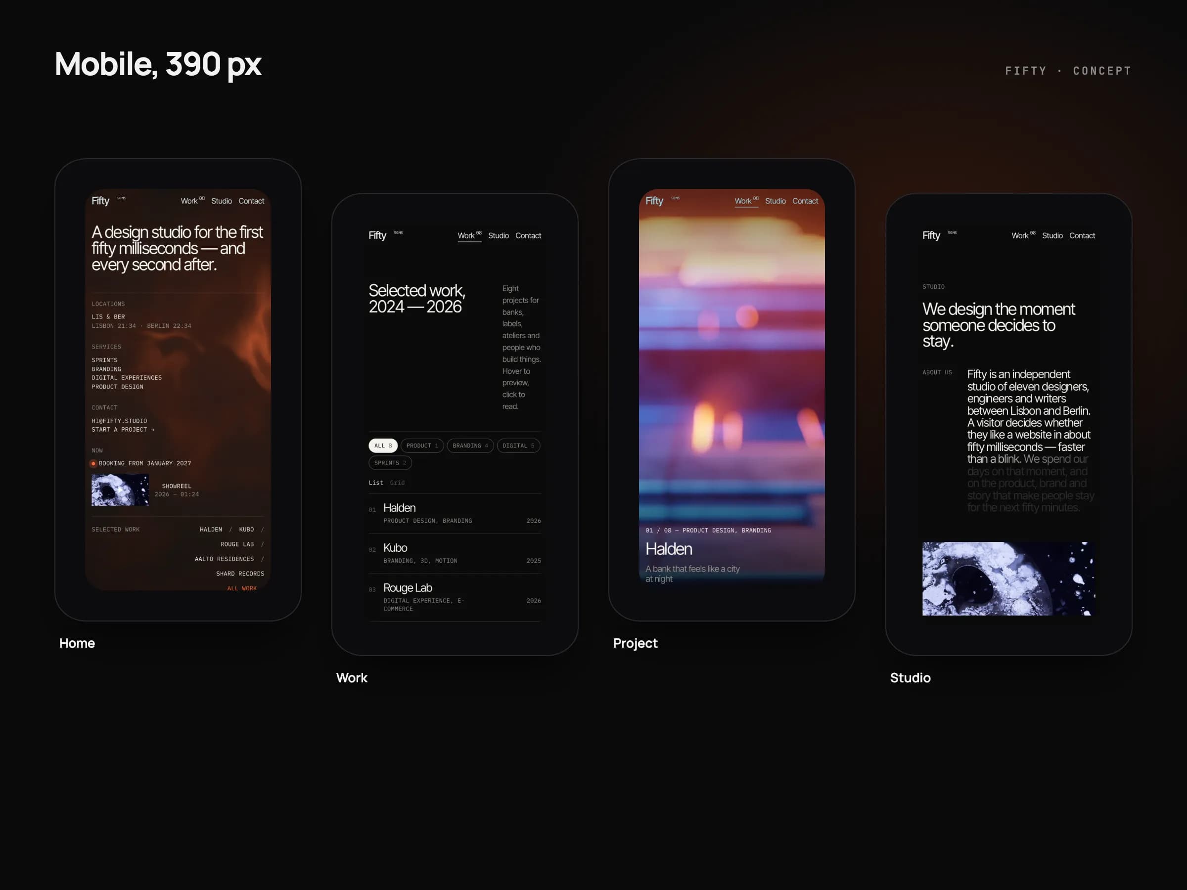 Quatre écrans de téléphone à 390 px : l’accueil de FIFTY, l’index des réalisations, une page projet et la page du studio, en texte blanc sur fond presque noir avec des touches orange.