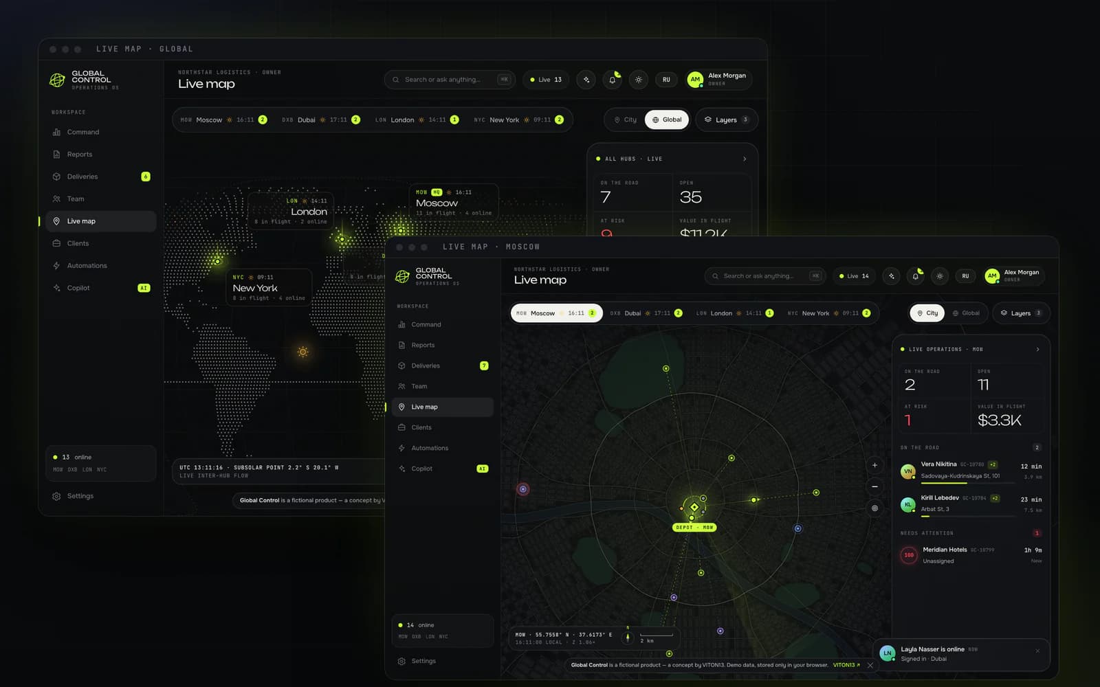 Dos ventanas del mapa en vivo: detrás, la vista global, un mundo de puntos con centros luminosos en Londres, Moscú, Dubái y Nueva York, su hora local y los pedidos en curso; delante, la vista de Moscú, un plano procedural de calles alrededor del almacén con repartidores en ruta, un panel de operaciones en vivo y el aviso «Layla Nasser is online».