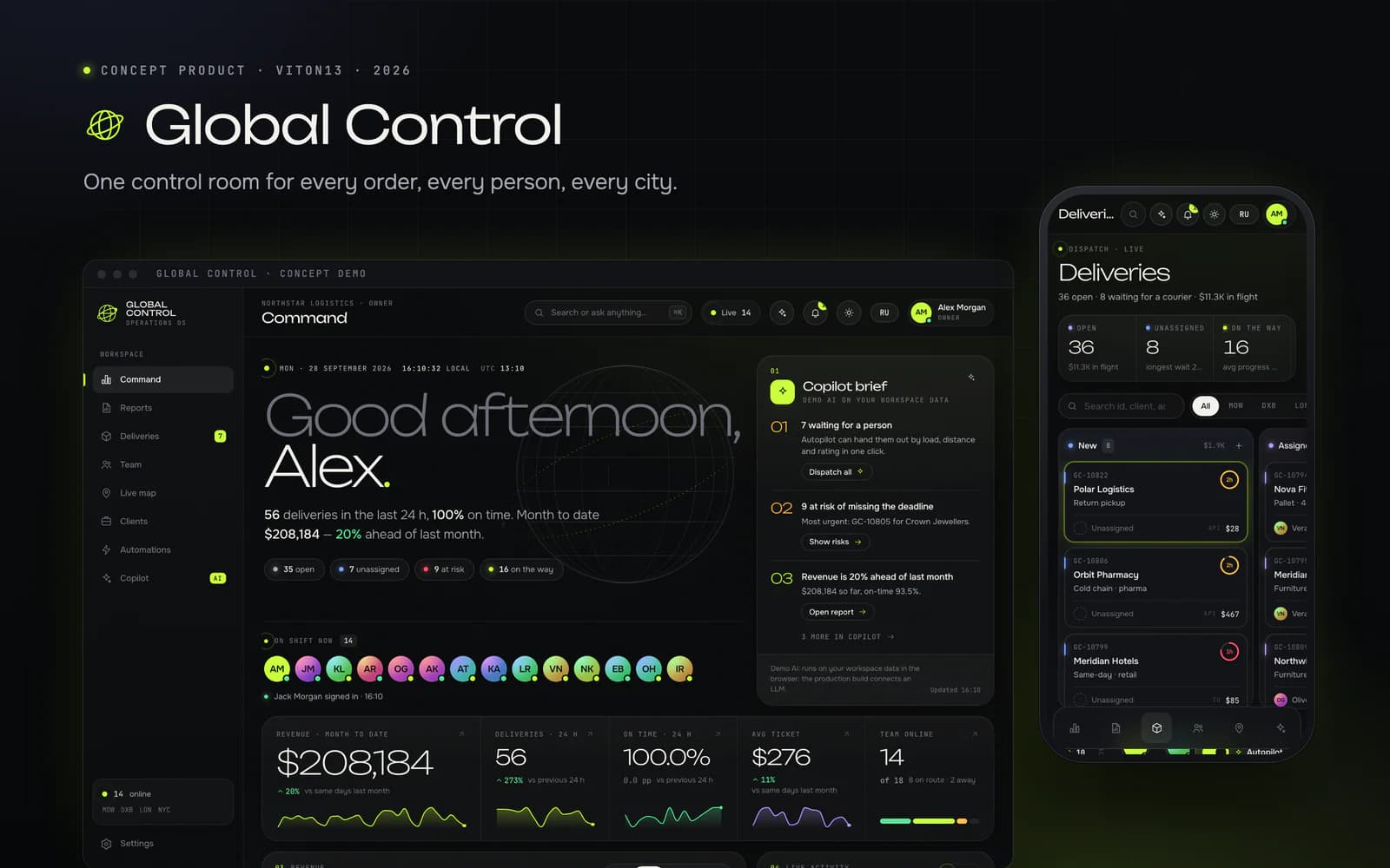 Global Control sobre fondo oscuro, bajo su nombre y la frase «One control room for every order, every person, every city.»: la pantalla de inicio Command en una ventana de escritorio, con el saludo «Good afternoon, Alex.», los ingresos del mes, las personas de turno y un resumen del copiloto, y al lado un móvil con el tablero de entregas.