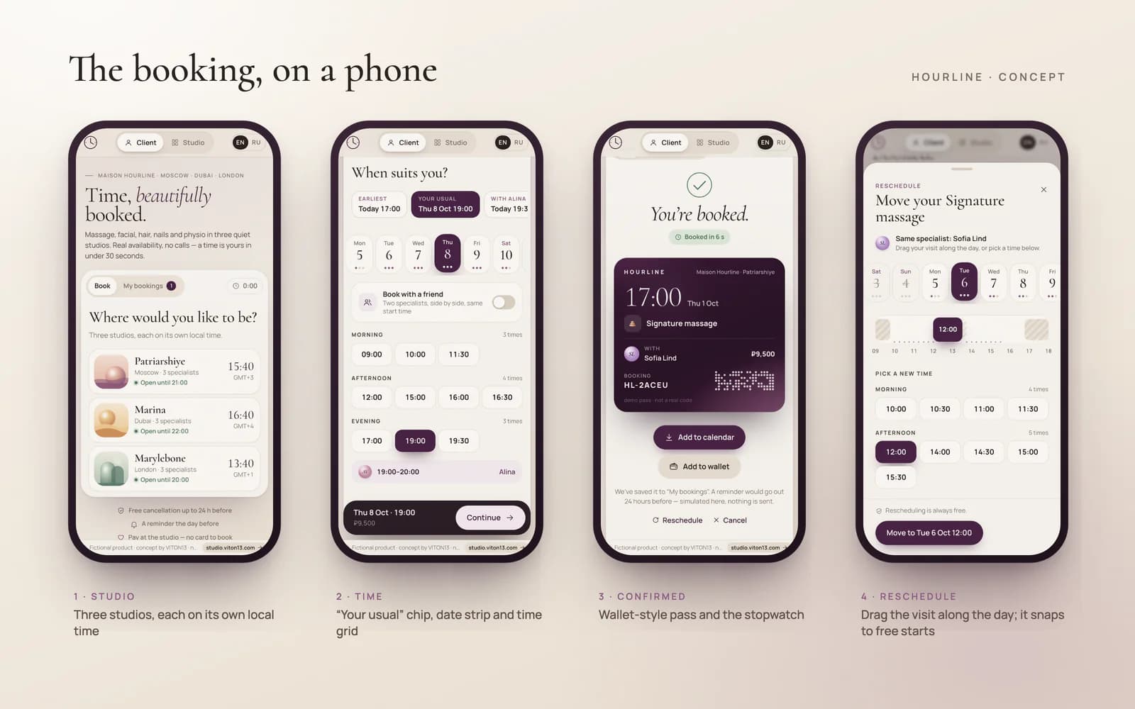 Four numbered phone screens on a cream background: the choice of three studios with their local times and opening hours; the time step with the “Your usual” chip, a date strip and a time grid; the confirmation “You’re booked.” with “Booked in 6 s” and a dark aubergine pass; and the reschedule sheet with the visit dragged along the specialist’s day to 12:00.