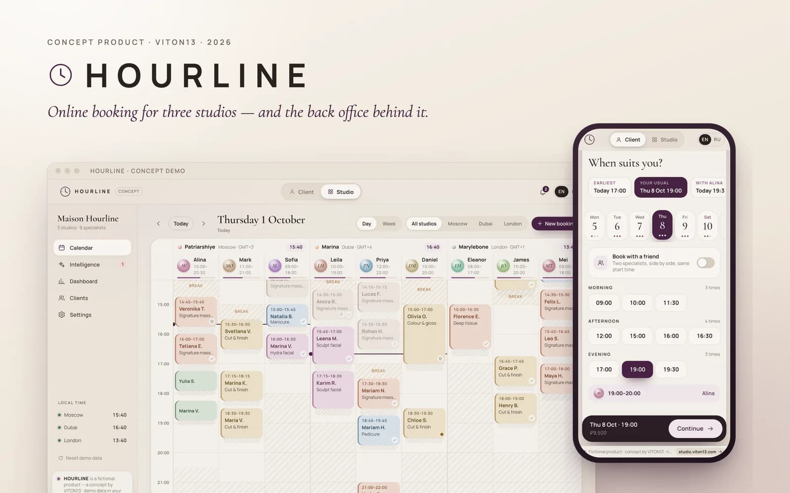 HOURLINE sobre fondo crema, bajo el nombre HOURLINE y la frase «Online booking for three studios — and the back office behind it.»: el calendario del estudio en una ventana de escritorio, con nueve especialistas de tres estudios en paralelo y sus reservas como bloques de color, y al lado un móvil con el paso de reserva «When suits you?», la sugerencia «Your usual», una tira de fechas y una cuadrícula de horas.