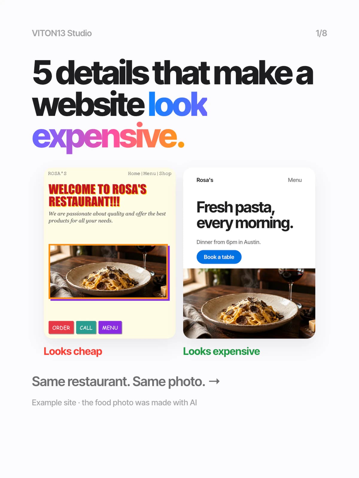 White slide “5 details that make a website look expensive.” with two mock-ups of the same restaurant and pasta photo: a loud yellow one marked “Looks cheap” and a clean white one marked “Looks expensive”; small print says the food photo was made with AI.