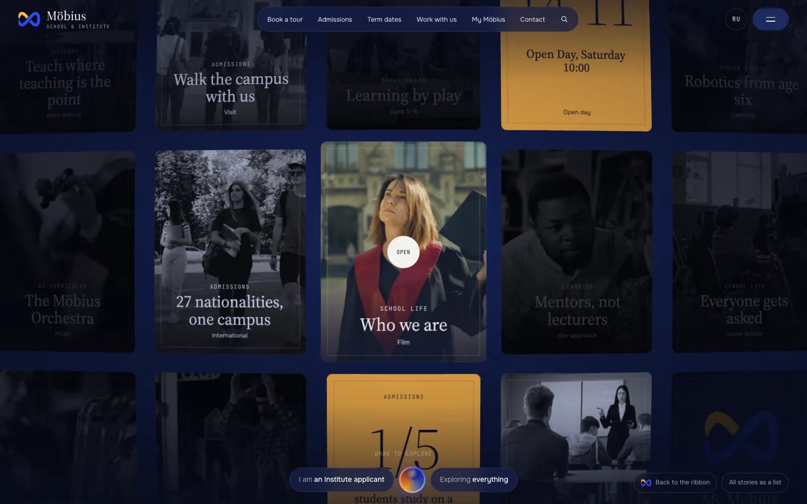 The endless canvas after a scroll, filtered for an Institute applicant: the matching story cards bright, among them “Walk the campus with us”, “27 nationalities, one campus” and “Who we are” with an Open button under the cursor, an amber Open Day card, and the other cards dimmed.
