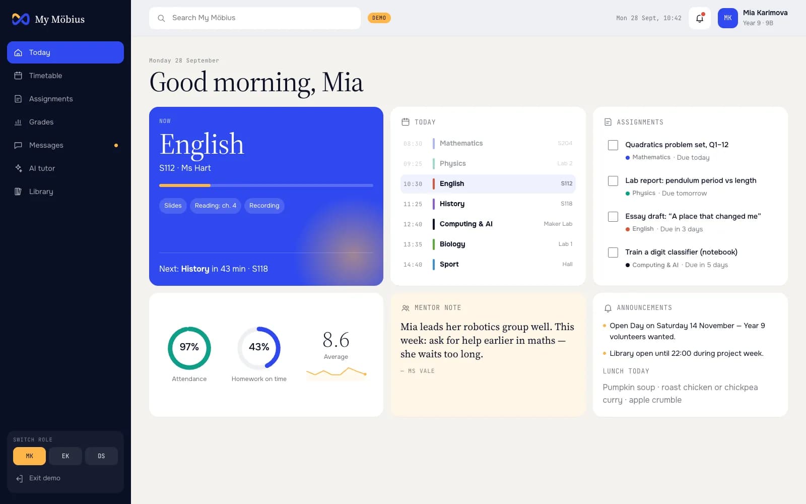 My Möbius for a student, Mia, marked DEMO: the English lesson happening now with History next, today’s timetable, four assignments with checkboxes, rings for 97% attendance and 43% homework on time, an 8.6 average, a mentor note and announcements, with a role switch in the sidebar.