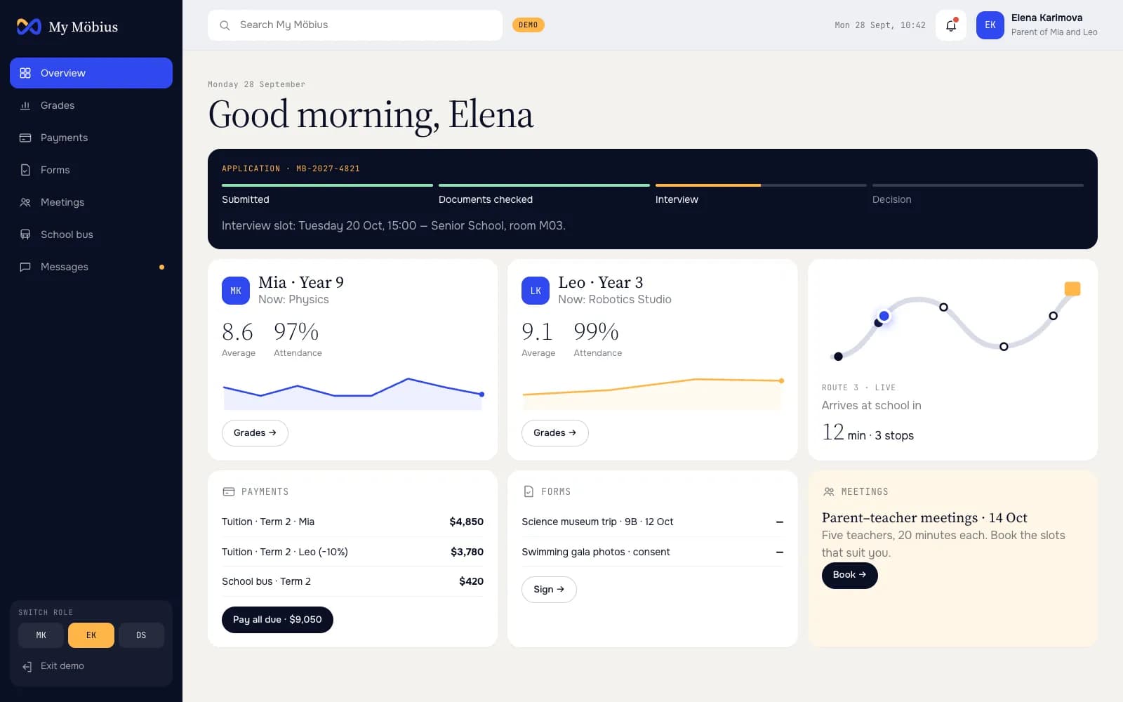 My Möbius for a parent, Elena: an application tracker at the interview step, cards for two children in Year 9 and Year 3 with their averages, attendance and grade charts, a live school-bus route arriving in 12 minutes, payments, consent forms and parent–teacher meetings.