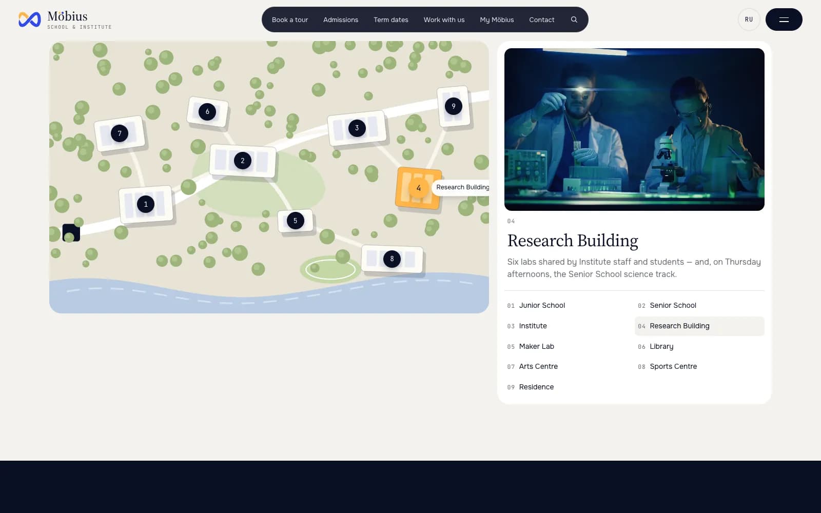 The campus page: an illustrated map of nine numbered buildings among trees and paths, the Research Building highlighted in amber and, on the right, its photo of two researchers in a lab, a short description and the list of all nine buildings.