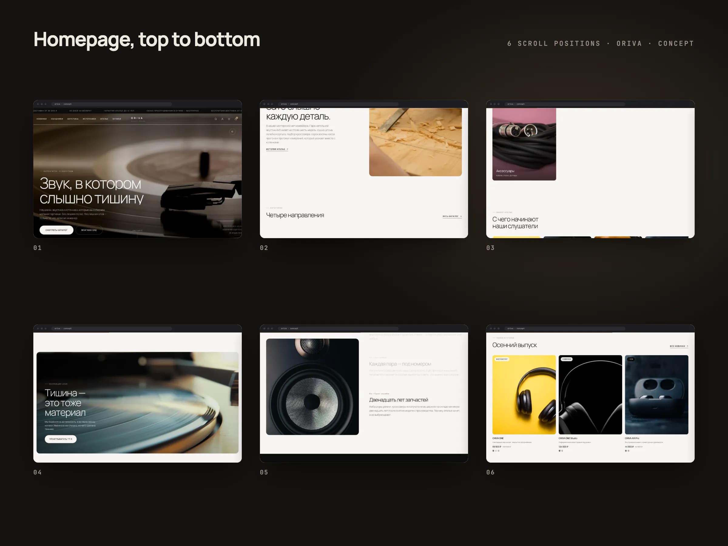 Six frames of the ORIVA home page from top to bottom: the video hero with a record, the workshop story, product categories, a dark turntable banner, a speaker close-up and the autumn release of headphones on light cards.