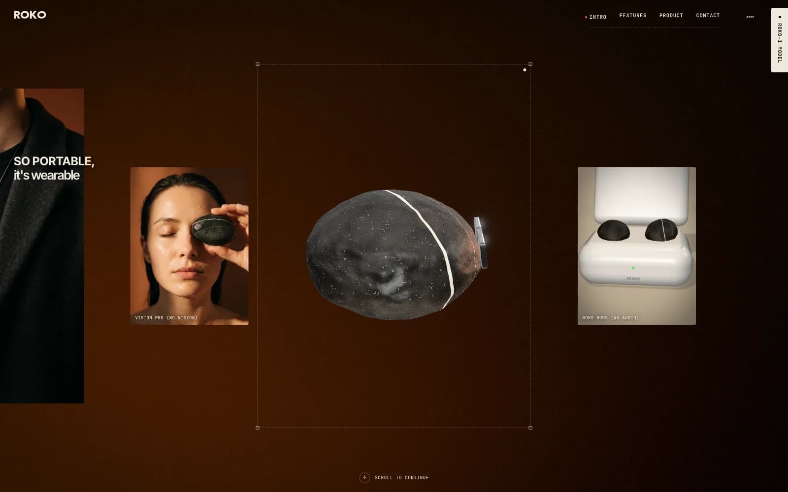 The wearable section: a portrait frame in the centre holds the live 3D pebble while a strip of photos slides behind it — a woman holding the pebble over one eye and two pebbles in a white earbud case.