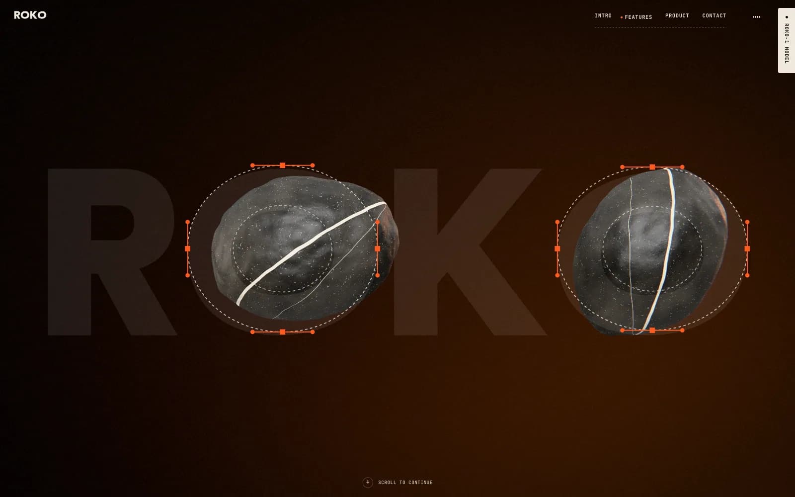 The end of the features section: the grey ROKO wordmark with two 3D pebbles set into its O’s, outlined with dashed ellipses and orange Bézier handles.