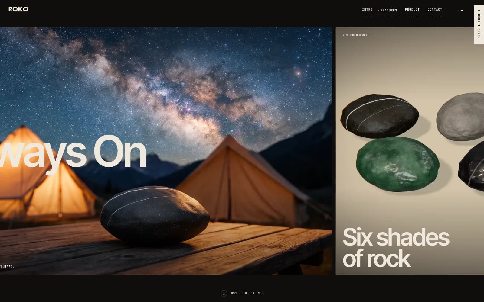 The horizontal social strip: “Always On” over a night photo of the pebble on a camping table under the Milky Way, next to a card of six pebbles in different stones titled “Six shades of rock”.