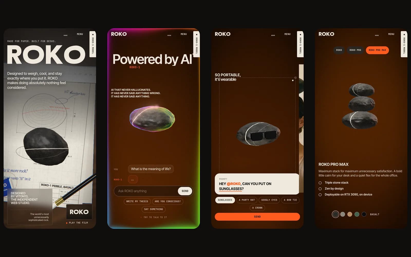 Four phone screens at 390 px on black: the desk hero, “Powered by AI” with the chat, the pebble in sunglasses with the prompt chips, and the ROKO Pro Max tier with a three-stone cairn.