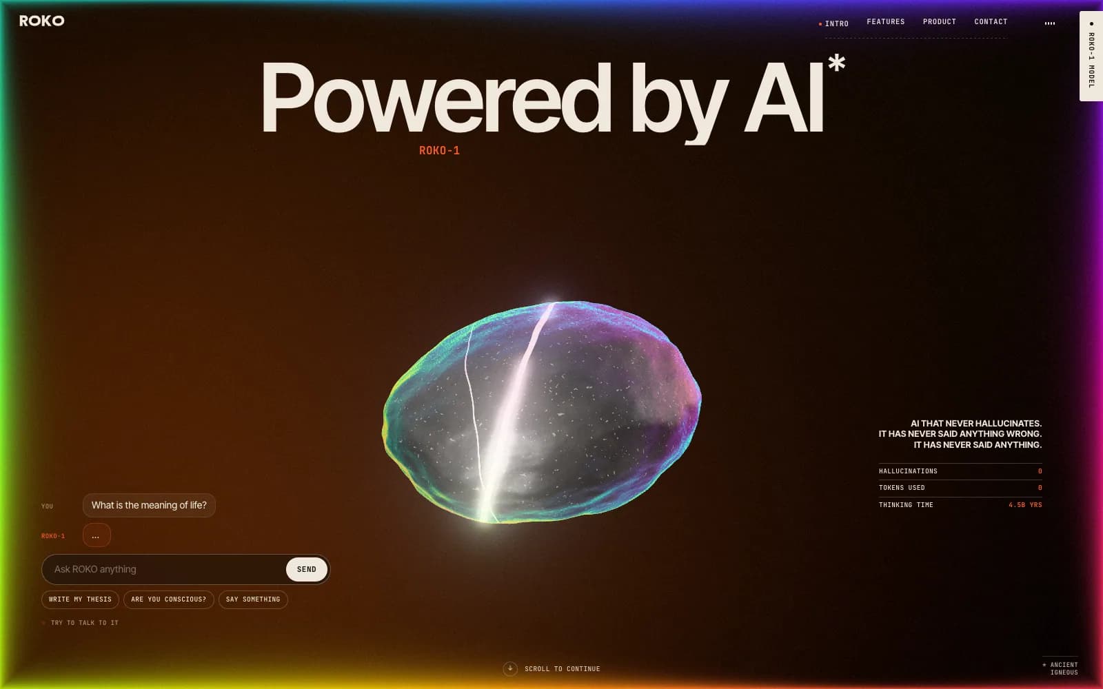 The ROKO “Powered by AI*” section: an iridescent 3D pebble with a glowing white vein floats in amber haze under the huge headline, with a chat on the left where the stone answers “…” and counters on the right reading hallucinations 0, tokens used 0, thinking time 4.5B yrs.