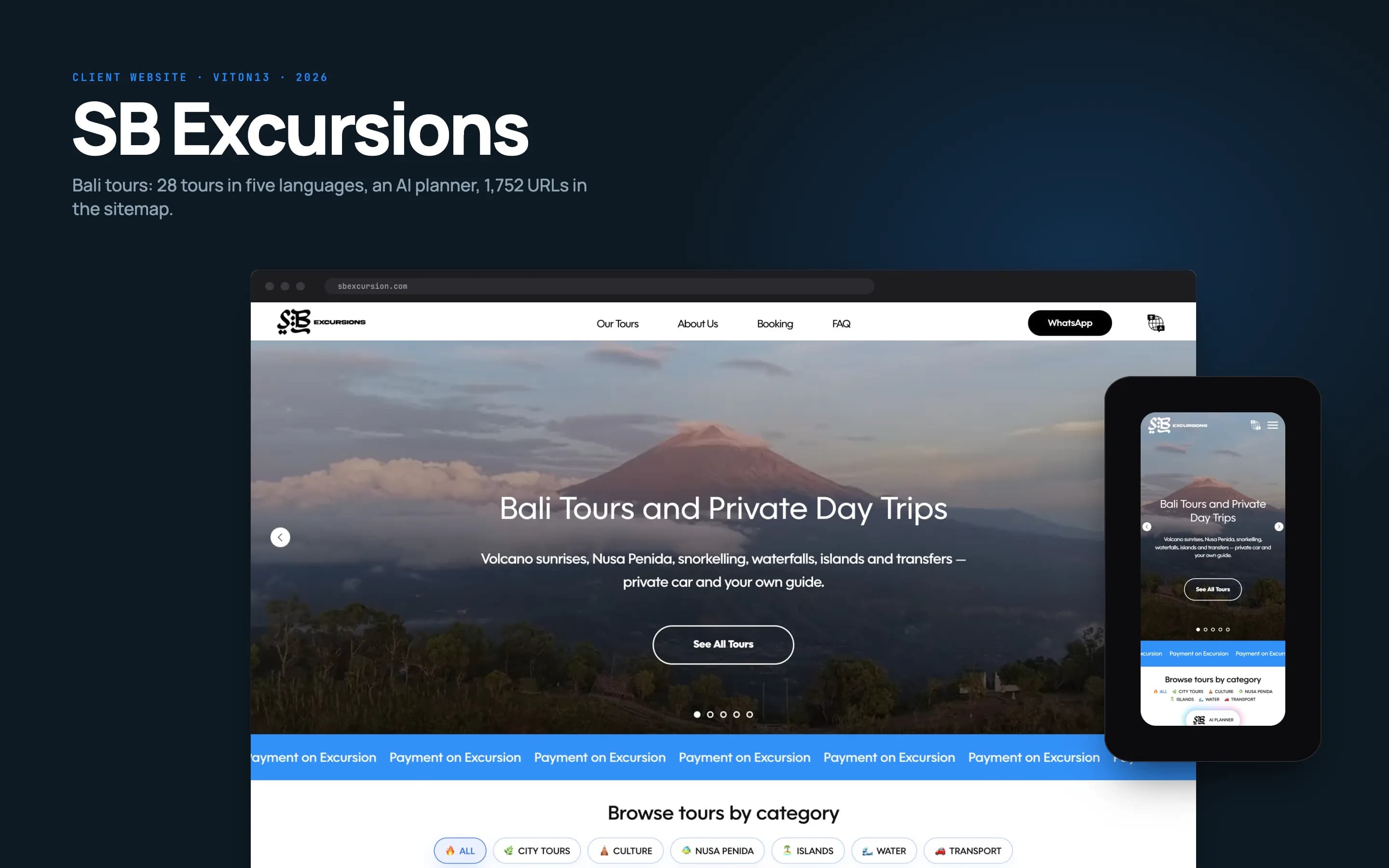 La portada de SB Excursions en un portátil, con un volcán al amanecer y el titular Bali Tours and Private Day Trips, y al lado la misma página en un móvil, sobre fondo azul oscuro.