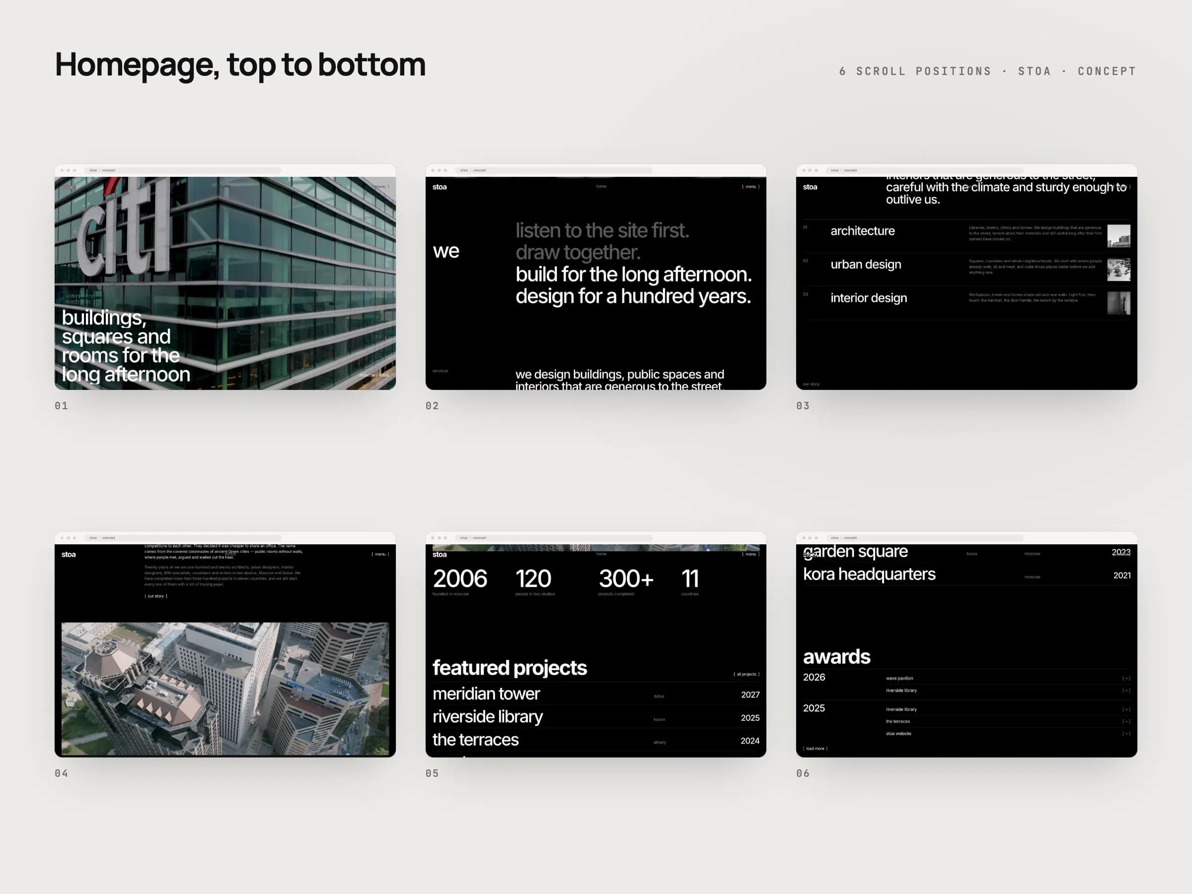 Seis fotogramas de la portada de stoa de arriba abajo, en blanco y negro y con texto en minúsculas: del vídeo inicial con su titular, pasando por los valores, la historia, los proyectos destacados y los premios, hasta el carrusel de la revista.