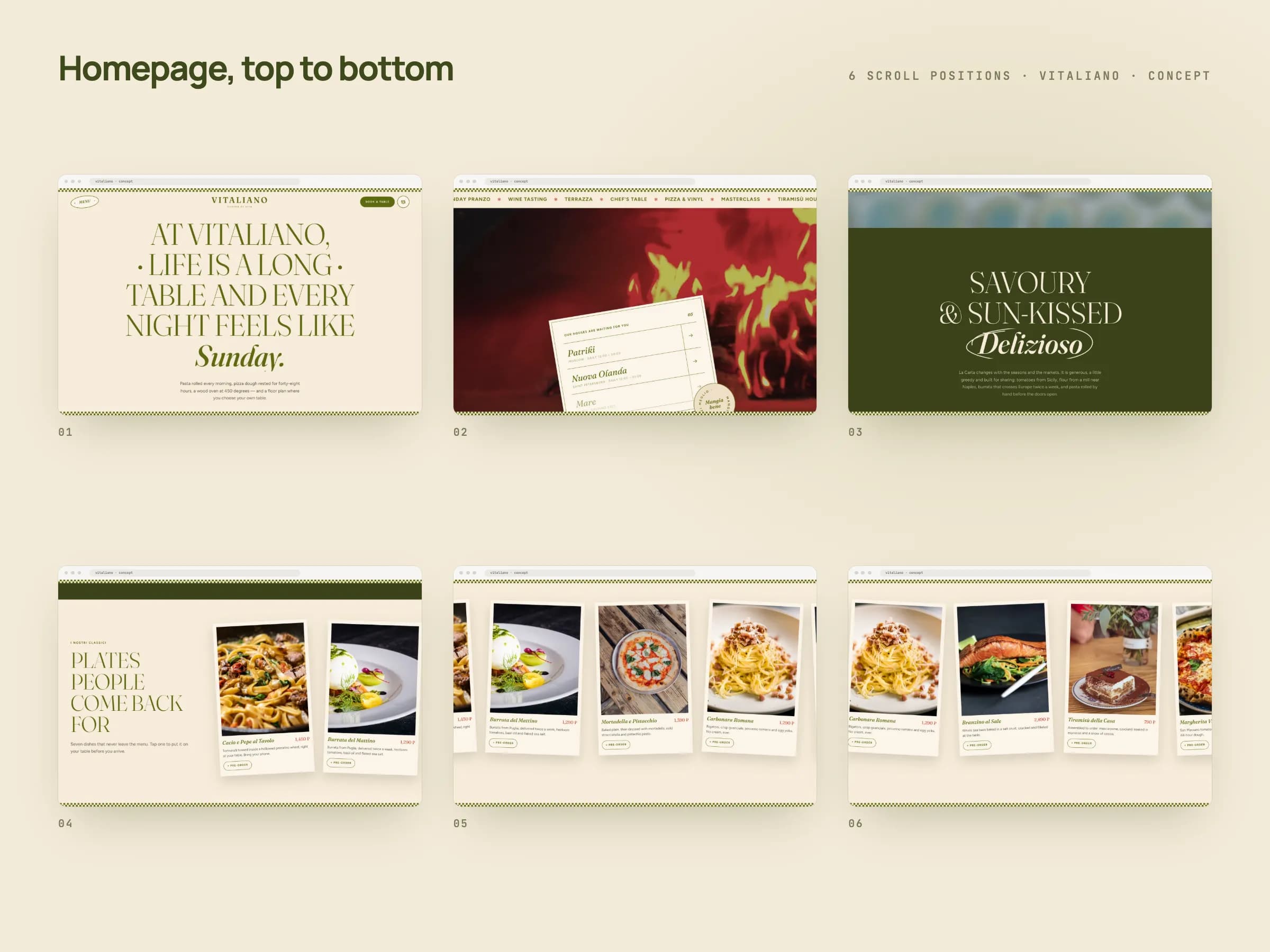Six frames of the VITALIANO home page from top to bottom in cream and olive: the opening headline, then sections on signature dishes, fresh pasta, table booking and the family behind the restaurant.