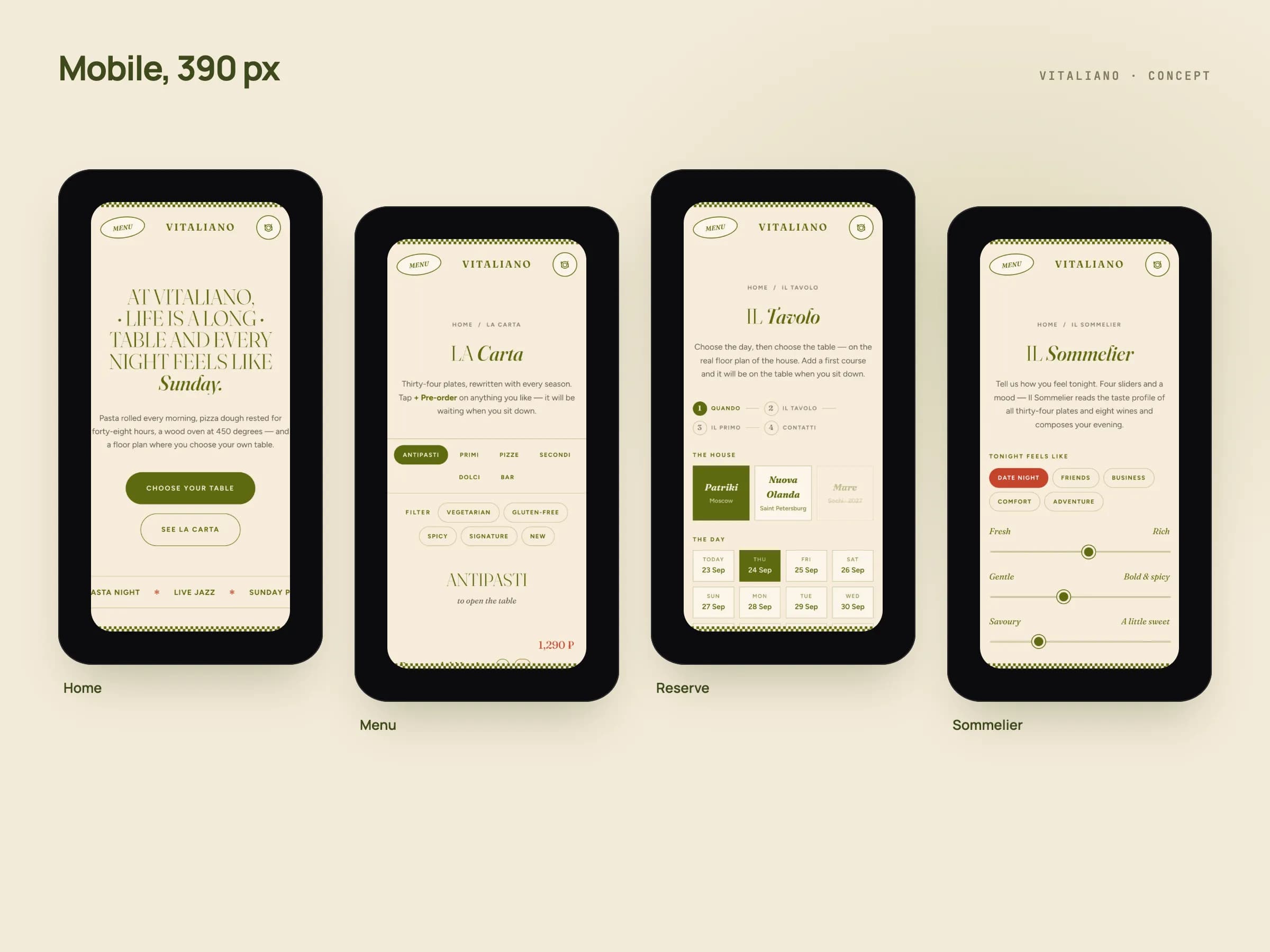 Four phone screens at 390 px: the VITALIANO home page, La Carta, Il Tavolo with the floor plan and Il Sommelier, all in cream and olive.
