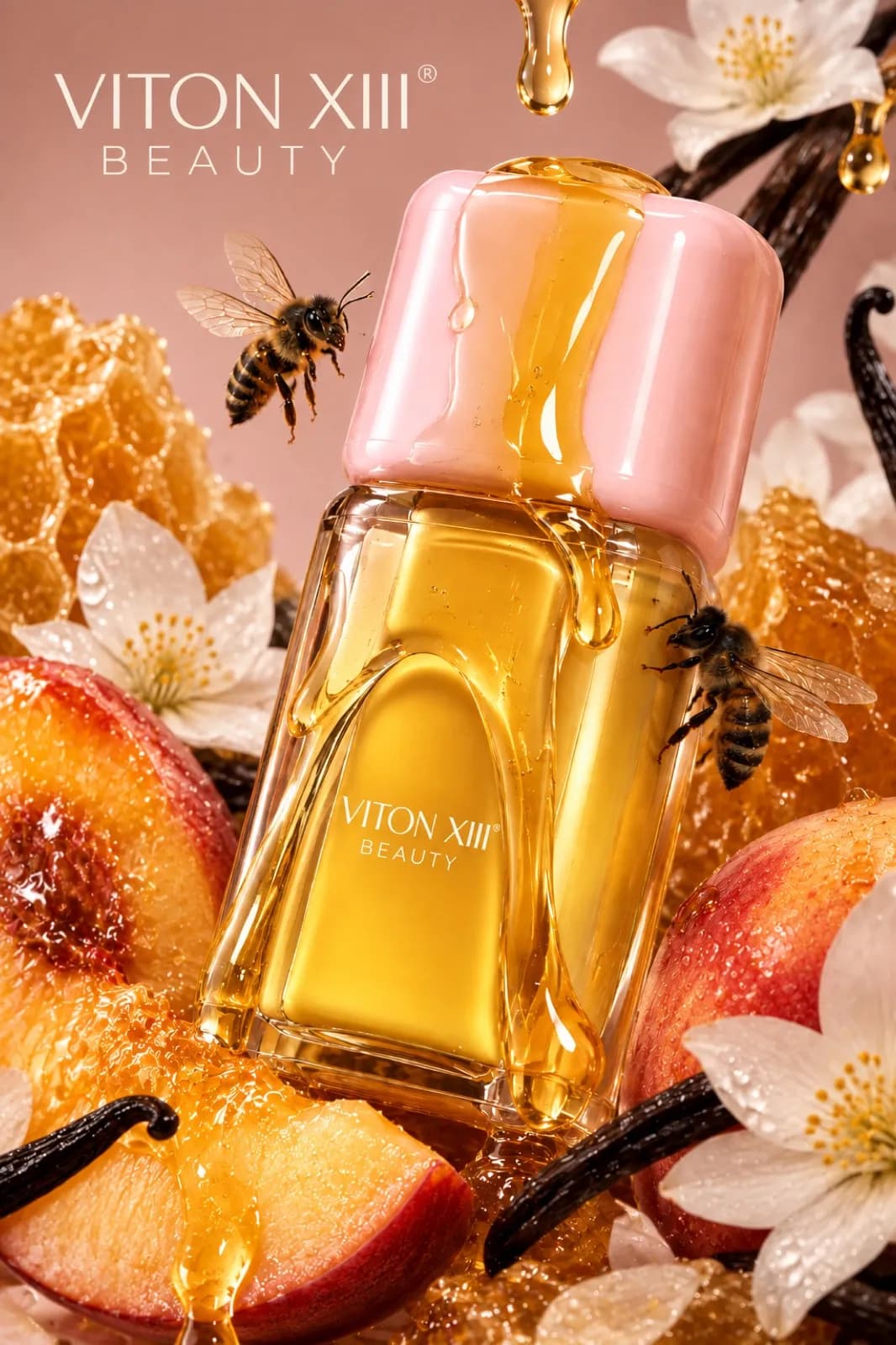 AI-generated key visual: a VITON XIII BEAUTY fragrance bottle with a pink cap in dripping honey, with peach halves, white flowers, vanilla pods, honeycomb and bees