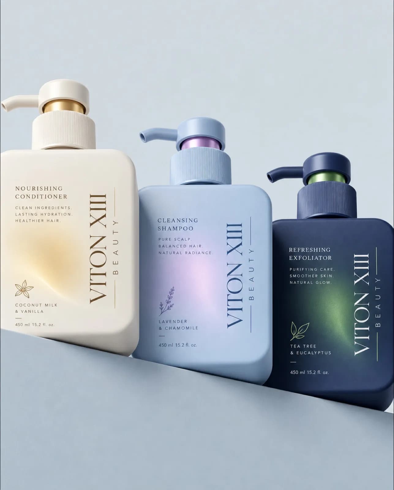 AI-generated key visual: three VITON XIII BEAUTY pump bottles, a cream conditioner, a lilac-blue shampoo and a navy exfoliator, on a pale blue step
