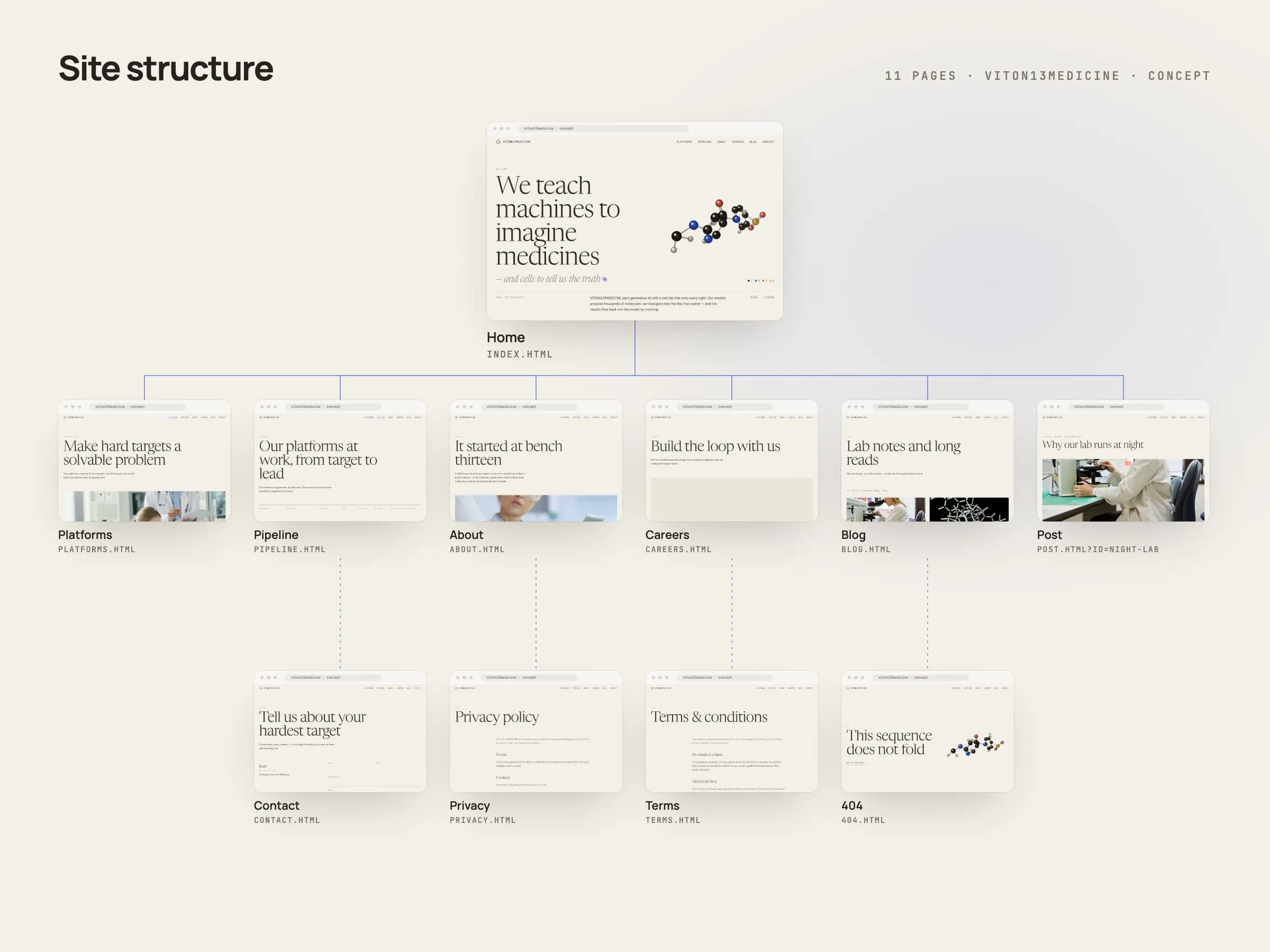 A site map on a warm off-white background: the VITON13MEDICINE home page at the top and the ten other pages below it as labelled thumbnails, from Platforms, Pipeline and About to Careers, Blog, Post, Contact, Privacy, Terms and 404.