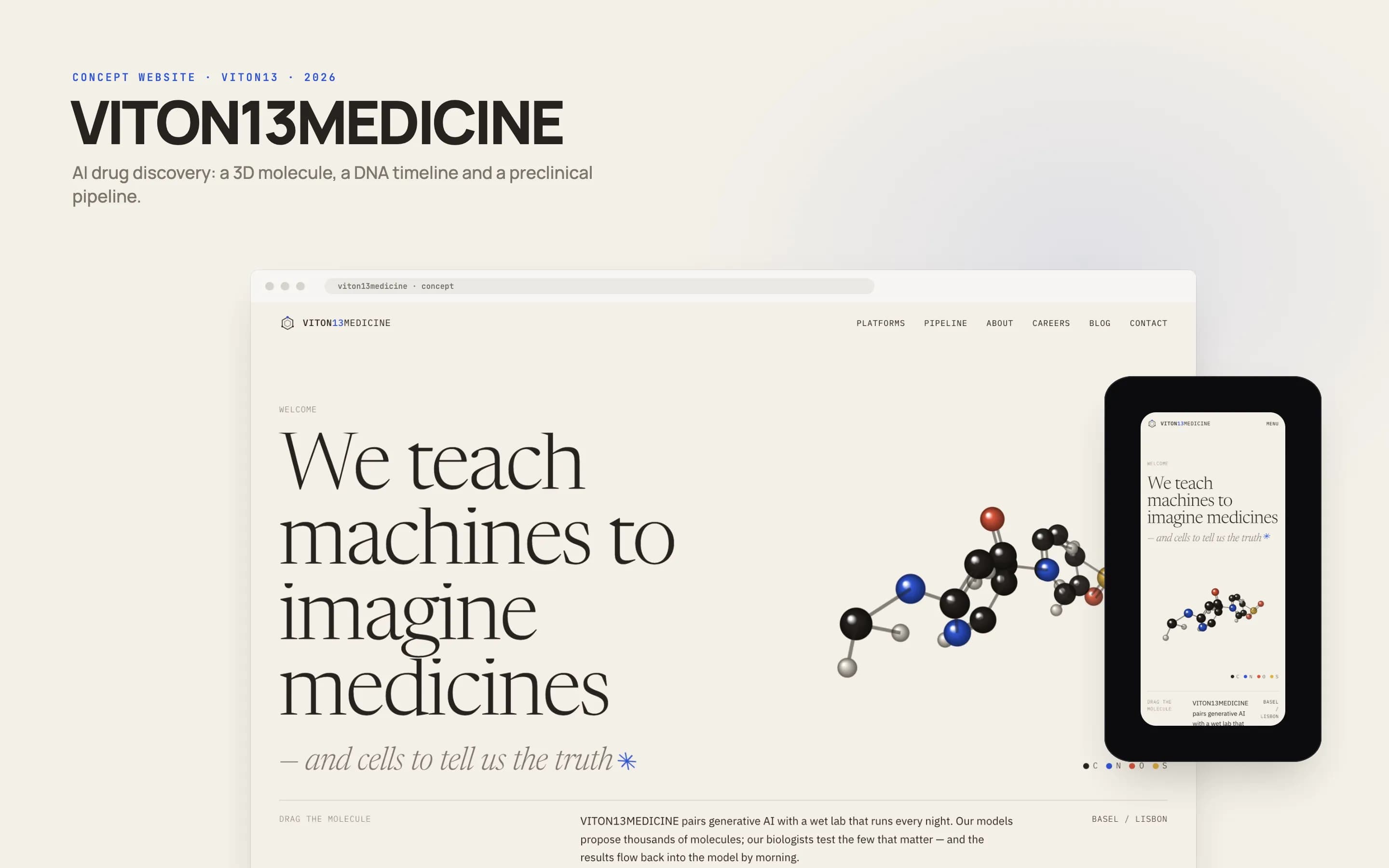 La portada de VITON13MEDICINE en un marco de navegador de escritorio con la versión móvil al lado, sobre un fondo blanco roto cálido con el nombre del sitio: el titular con serifa «We teach machines to imagine medicines» junto a una molécula de bolas y varillas en negro, azul, rojo y amarillo.